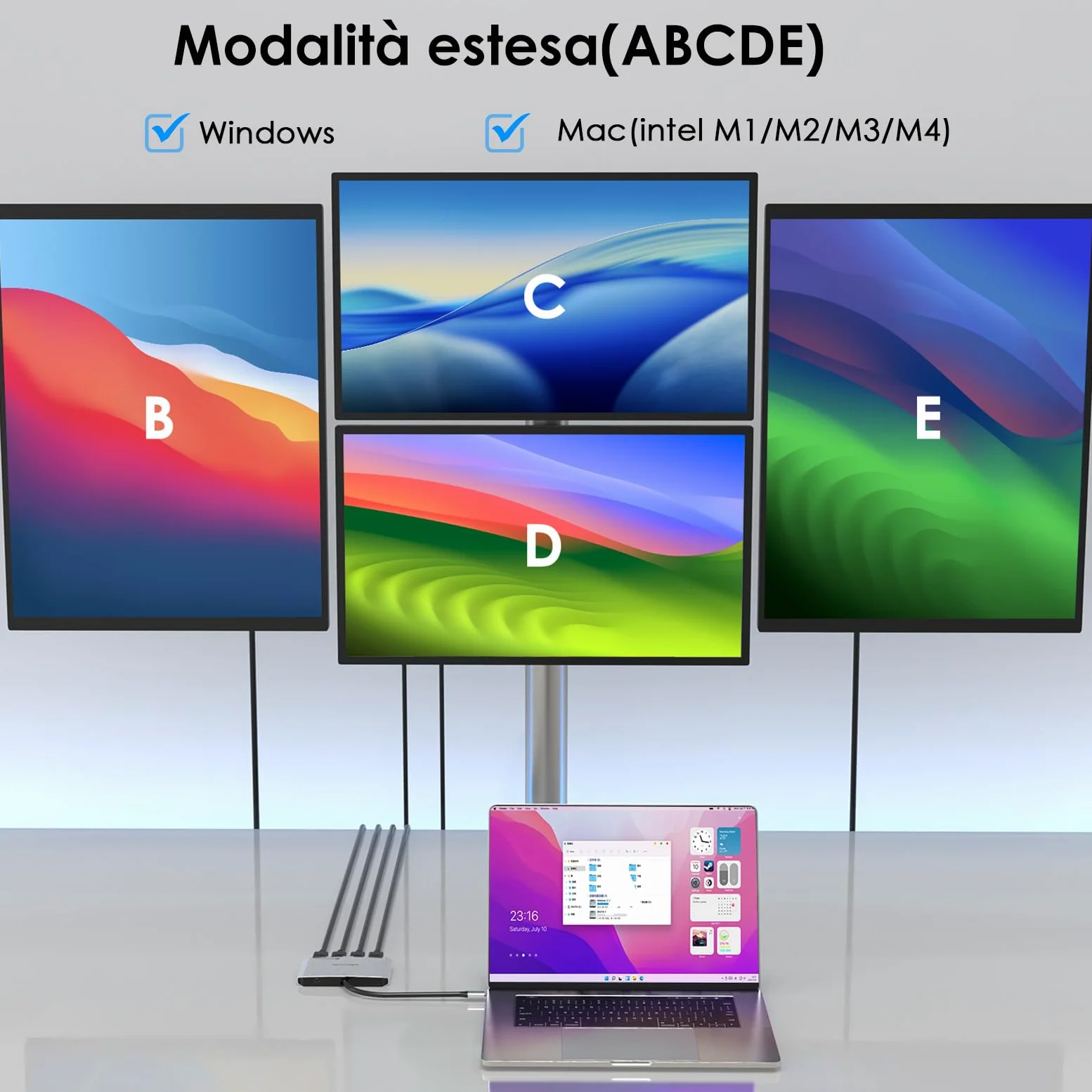 WAVLINK Adattatore da USB C a HDMI, adattatore per quattro monitor per sistemi macOS M1/M2/M3/M4, ingresso PD da 140 W, 4 HDMI, uscita quadrupla 4K, driver SMI e host USB 3.2 richiesti
