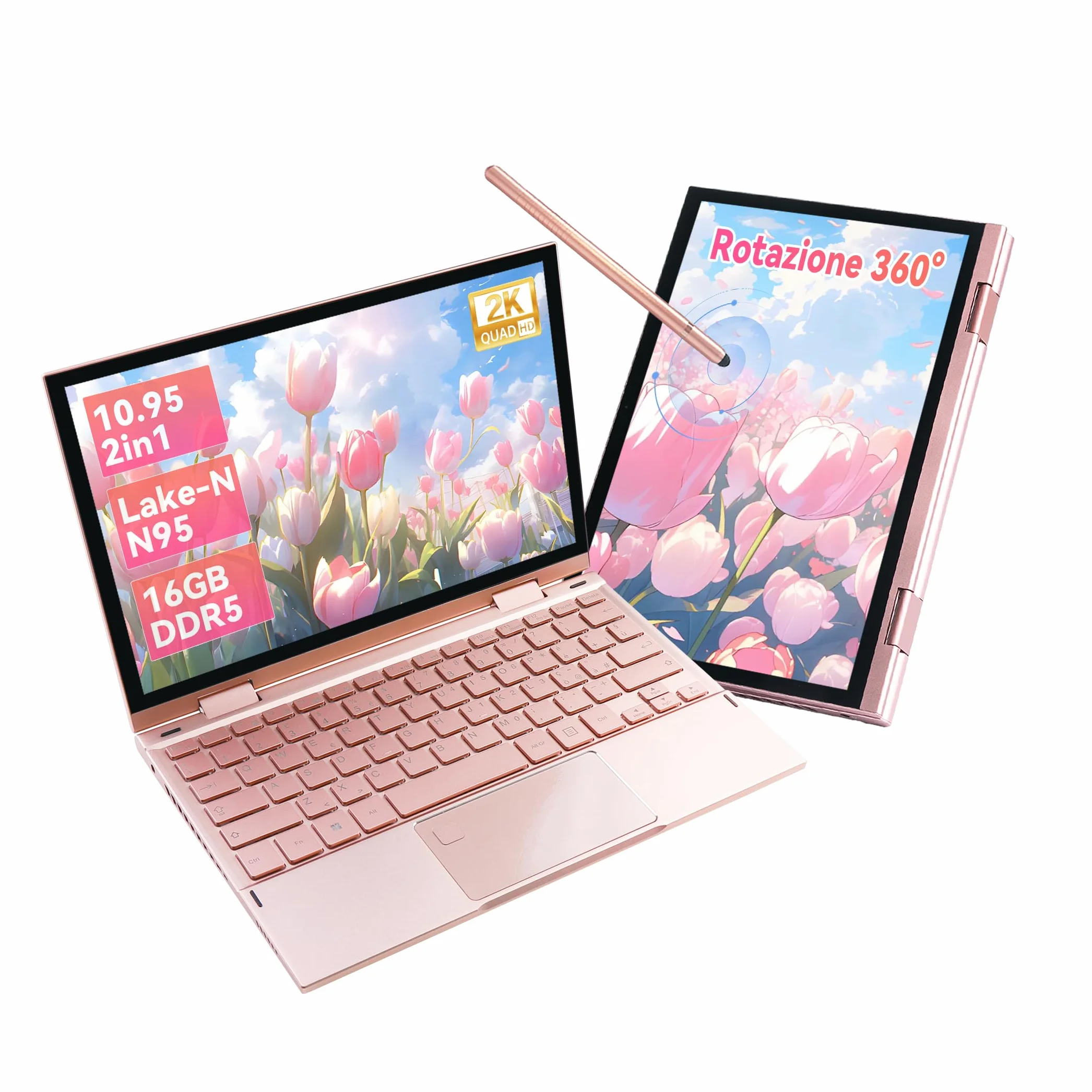 Mini Laptop 2 in 1 10.95" Touch Screen Notebook Convertibile 360° Win 11 Pro Celeron N95 16GB DDR5 256GB SSD 2000x1200 Tastiera Italiana Retroilluminata Stilo Oro Rosa