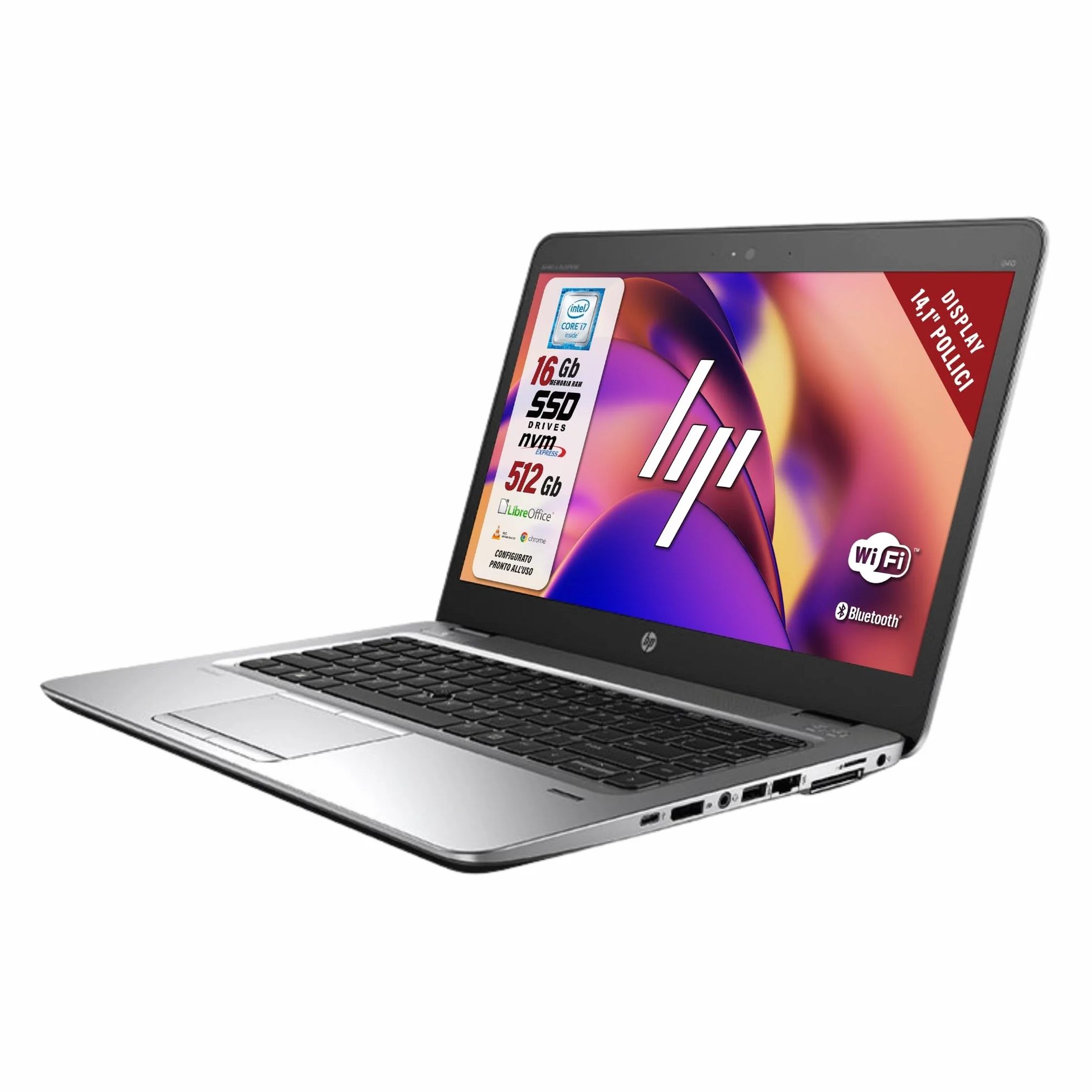 HP Elitebook, Pc Portatile Notebook, intel i7-6600u 2 Core 2.6 Ghz, Ram 16Gb SSD 512GB, display 14" HD, Pronto all'uso con Pacchetto Libre Office e Chiavetta USB FIngerPrint (Ricondizionato)