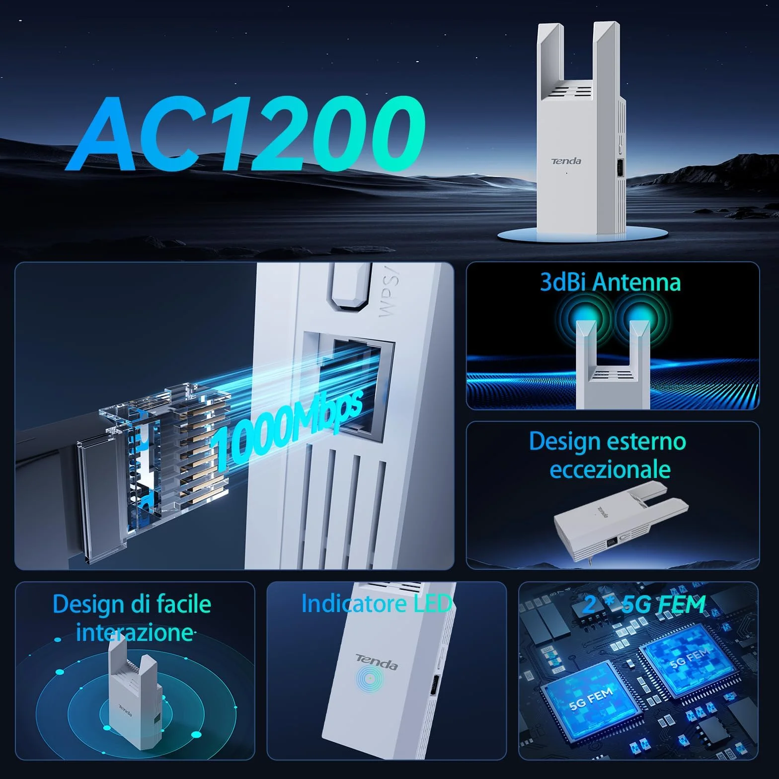 Tenda A18 Pro Ripetitore Wi-Fi Dual Band AC1200 Mbps, Funzionalità Extender e Access Point 5GHz/2.4GHz con Porta Gigabit LAN, LED Segnale Intelligente, Pulsante WPS, Sicurezza WPA2, Controllo via App
