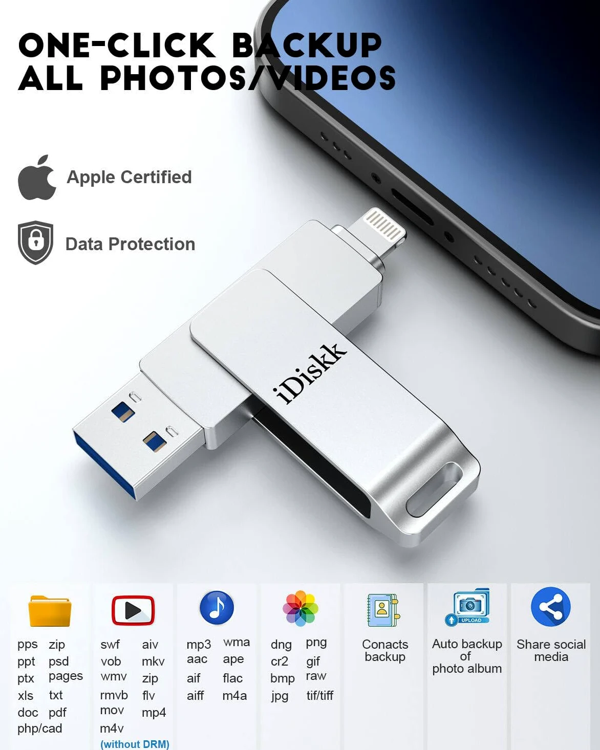 iDiskk 128GB Chiavetta lightning USB per iPhone Chiave fotografica certificata MFi per iPad, pendrive esterna memoria di backup Mac e PC