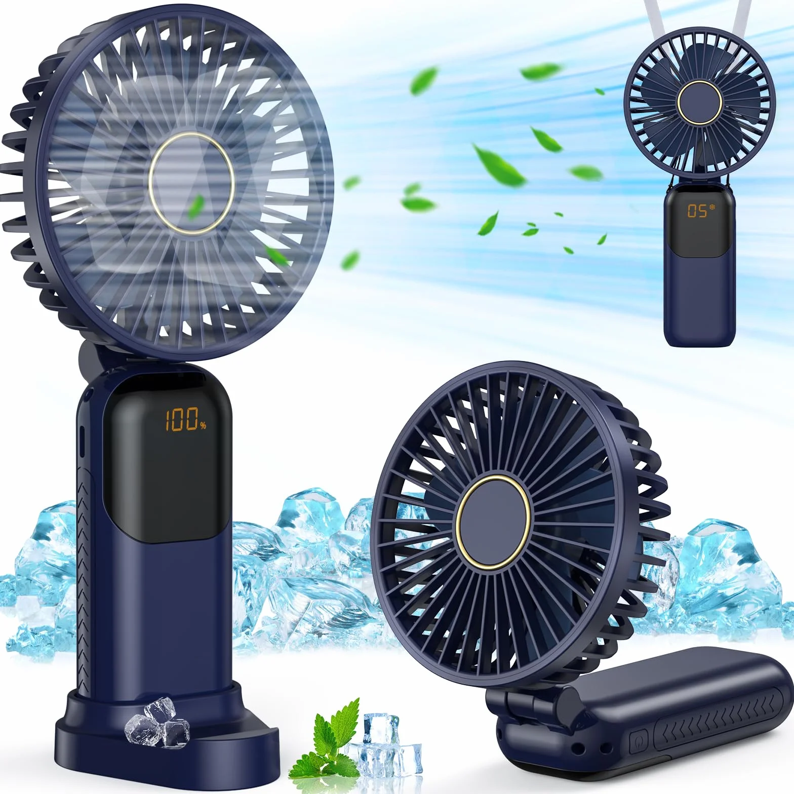 GIACOMO Mini Ventilatore Portatile,Ventilatore Portatile USB Ricaricabile，Ventilatore a Mano con 5 Livelli di Velocità, Batteria da 5000 mAh, Ventilatore Pieghevole per Ufficio, All'aperto（Blu）