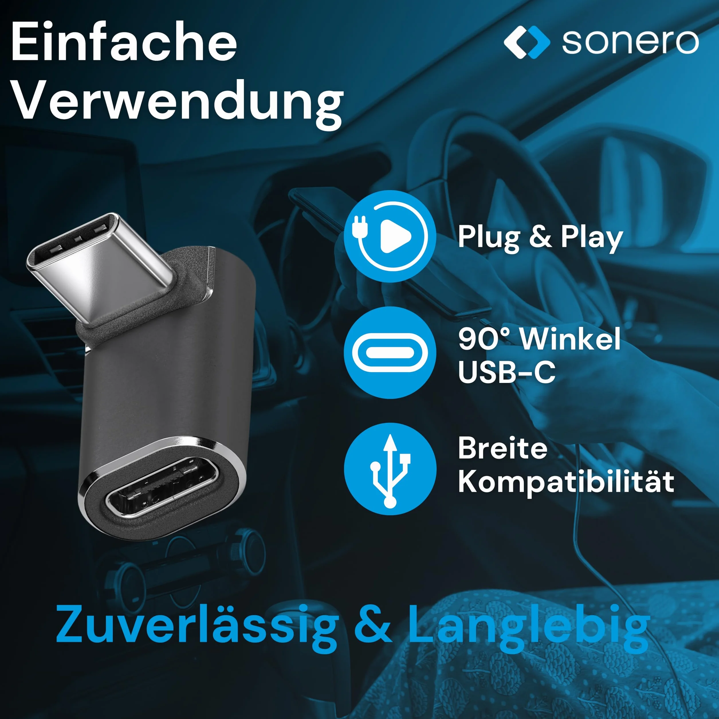 Sonero USB-C maschio a presa USB-C inclinata a 90°, adattatore, 40 Gbps, 240 W, 8K60 Hz, alloggiamento in alluminio, nero