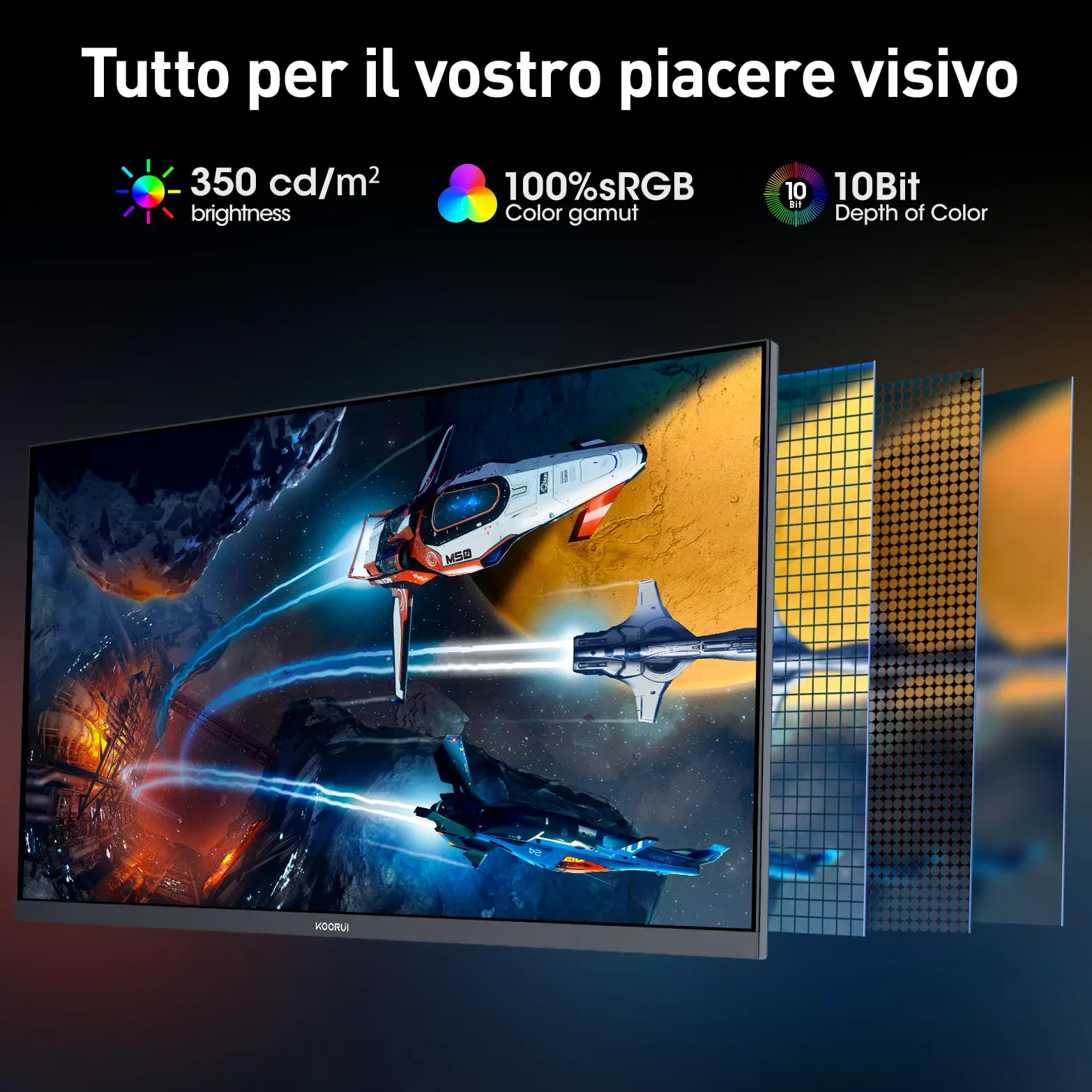 KOORUI G2741L Monitor Gaming 27 Pollici, 4K UHD, 160Hz/320Hz, HDR400, Fast IPS, 1ms, Adaptive Sync, regolabile, HDMI 2.1 * 2+DP 1.4, VESA 75x75mm