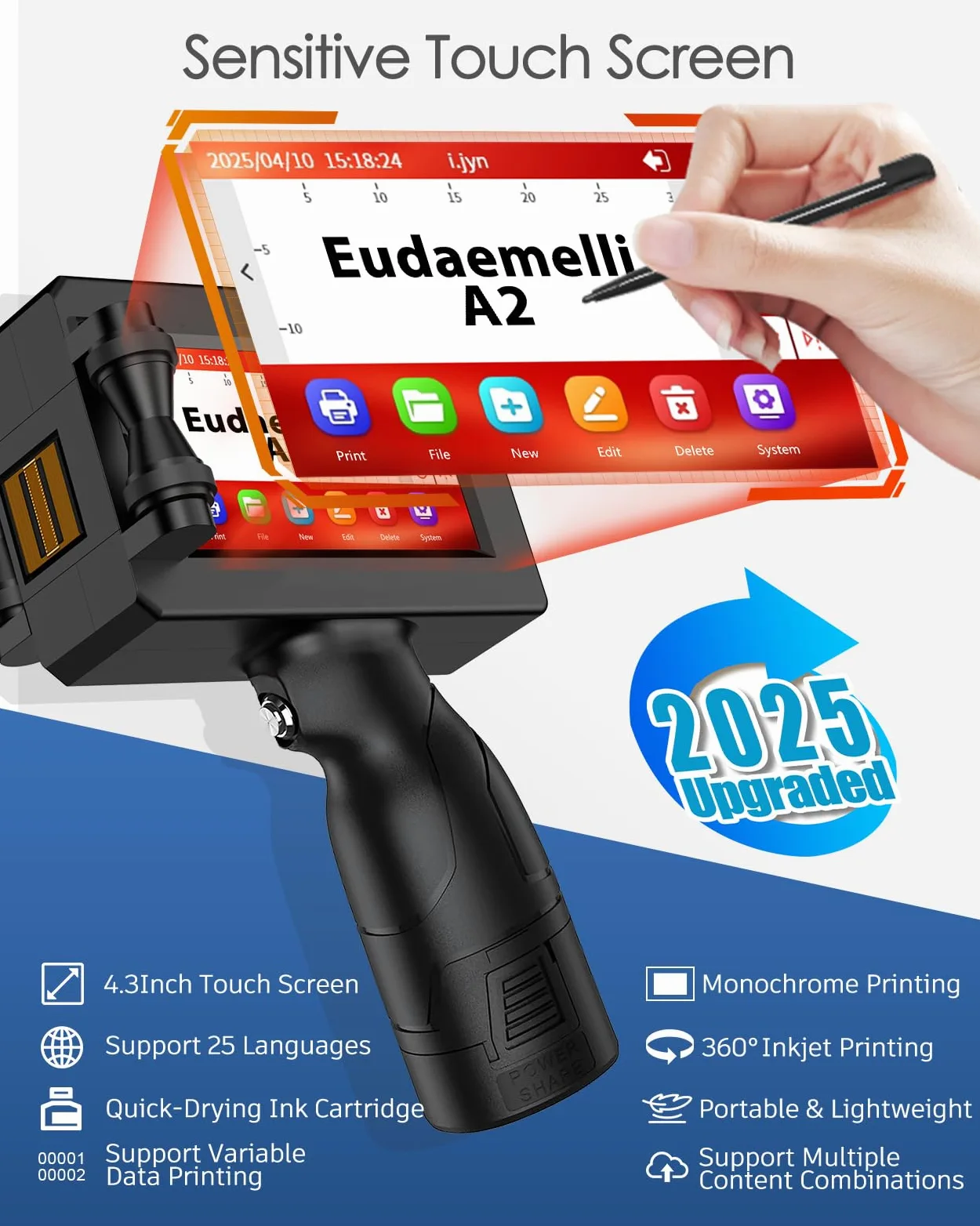 A2 Stampante Palmare Portatile,Stampante a Getto D'inchiostro con Touch Screen da 4,3 Pollici per Logo/Immagine/Data di Produzione/Numeri/Lotto/Codice QR/Codice a Barre(Altezza di stampa 2-25,4 mm)