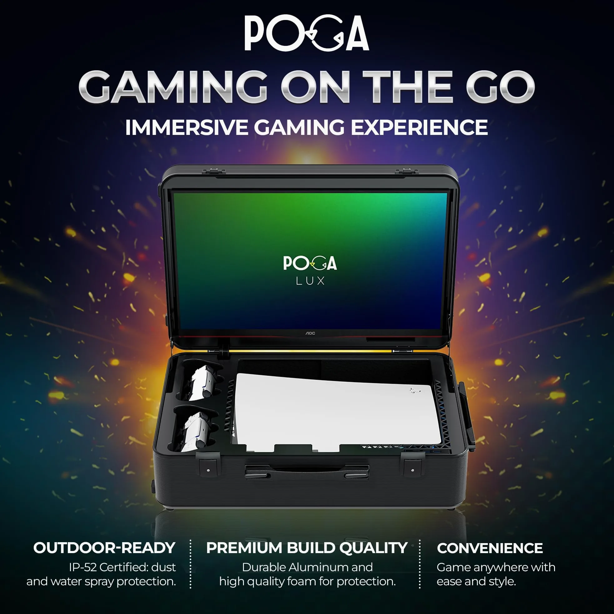 POGA LUX White Valigia da Gaming (compatibile con Playstation 5) inclusi trolley e monitor da gaming AOC da 24'' - Bianco (V2 - altoparlante Bluetooth opzionale), bianco