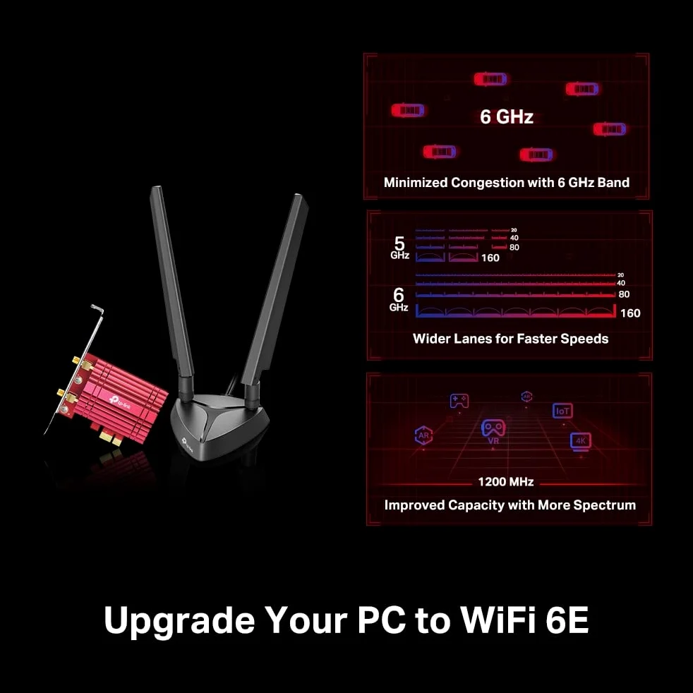 TP-Link Archer TXE75E AXE5400Mbps Tri-Band WiFi 6E Bluetooth 5.2 Adattatore PCIe con Due Antenne, Adattatore WiFi per PC, Chipset Intel, Base Antenna Magnetizzata, Staffa a Basso Profilo Incluso, WPA