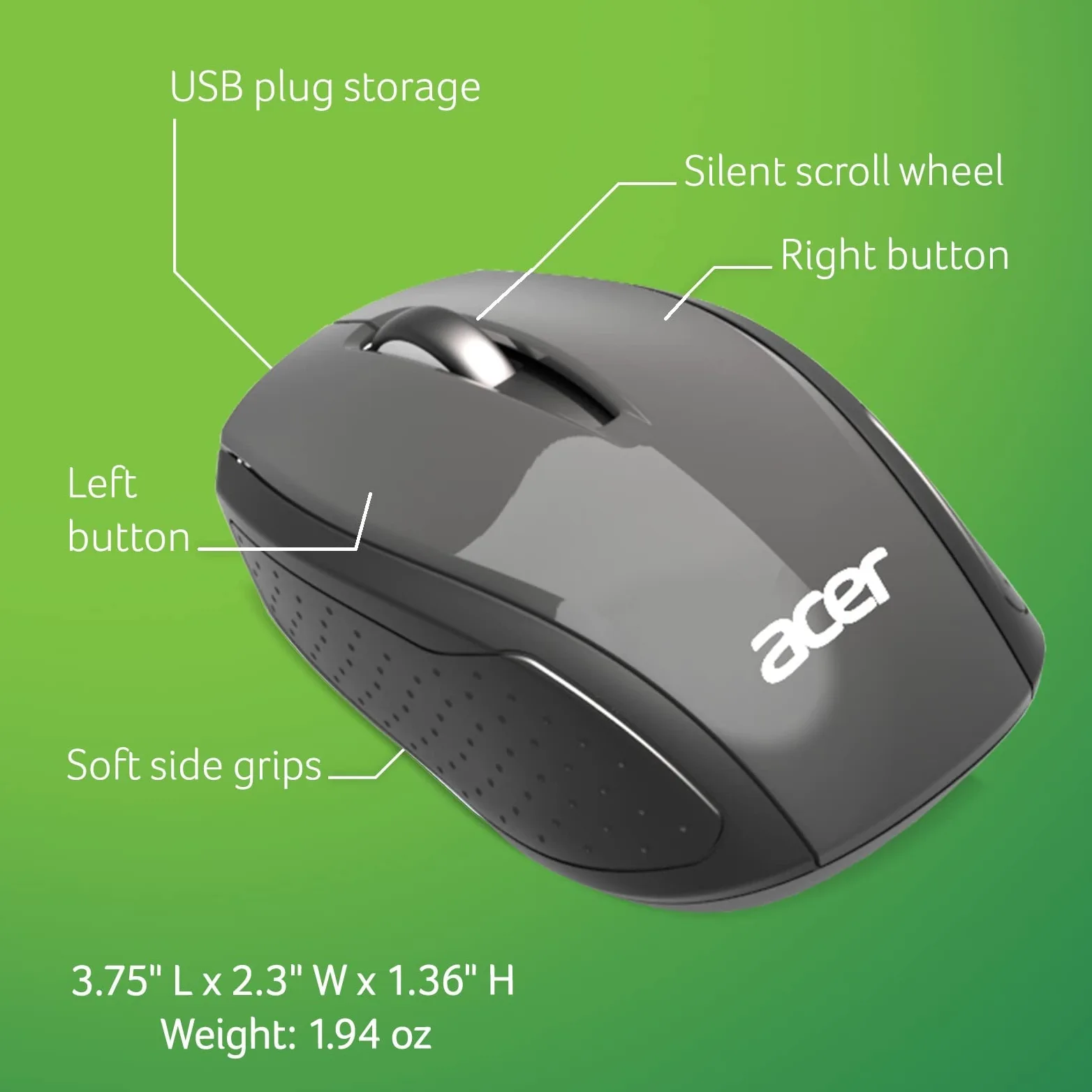 Acer Mouse wireless RF (grigio/nero), funziona con Chromebook, con USB Plug and Play per utenti destri/mancini (per Chromebook, PC Windows e Mac)