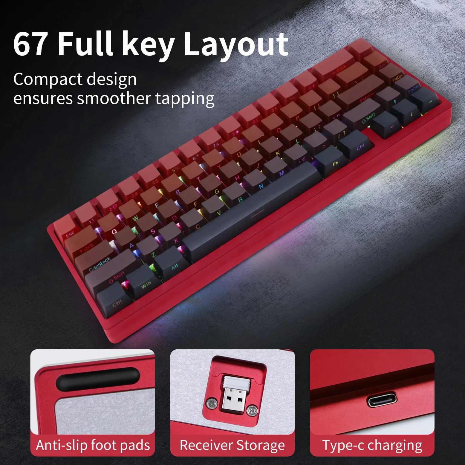 Tastiera da gioco a 67 tasti, 3 modalità, in alluminio, con guarnizione CNC, retroilluminazione RGB, tastiera meccanica personalizzata wireless/cablata per Mac, Windows Linux, keycap PBT double-shot