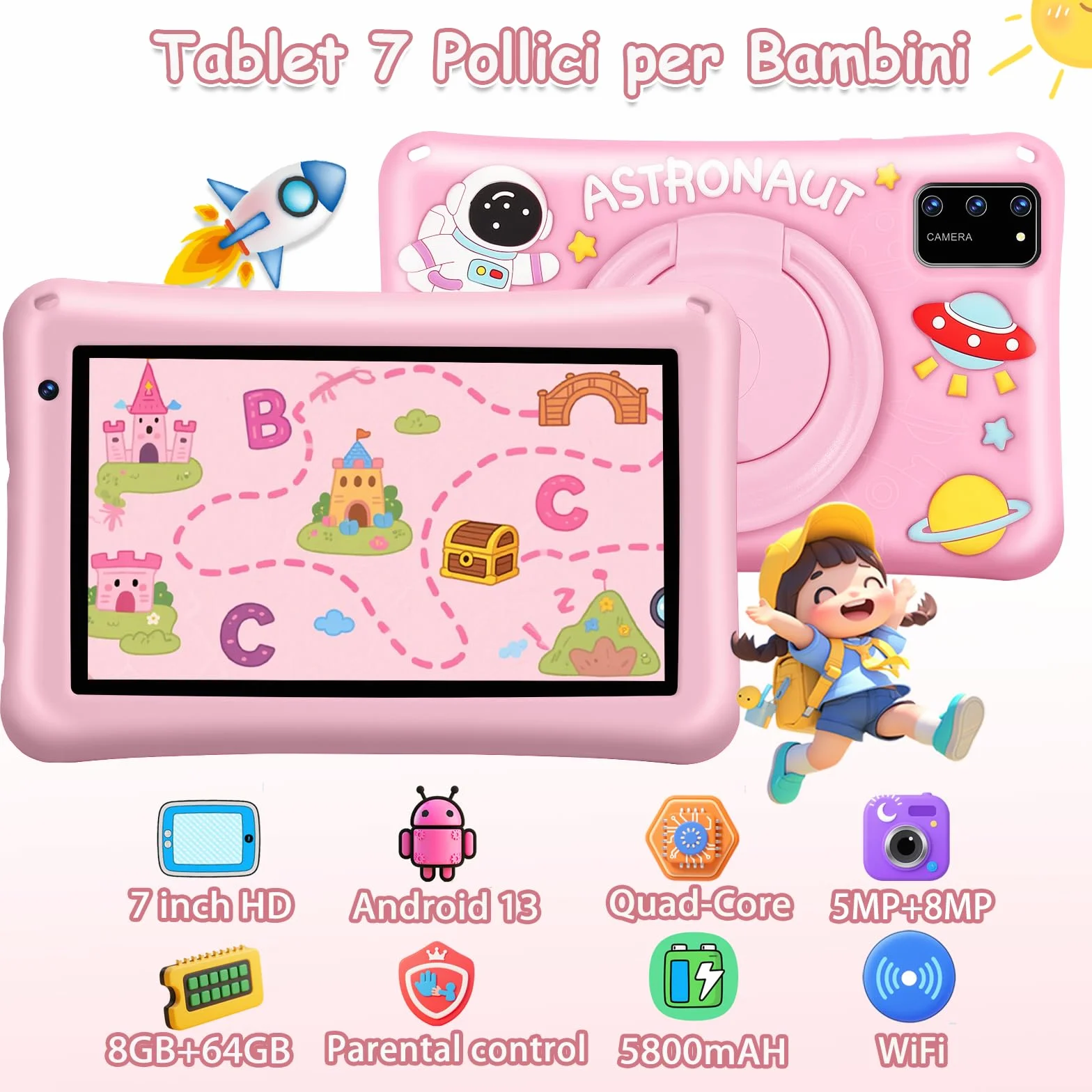 Tablet Bambini 7 Pollici Android 13 Octa Core 8GB RAM 64GB ROM Espandibile 256GB Schermo IPS Controllo Parentale Custodia Antiurto Rosa