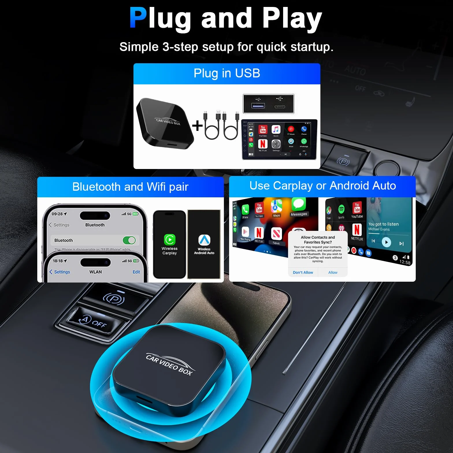 Adattatore Carplay wireless con YouTube, adattatore wireless Carplay 2024 e dongle Android Auto facile da configurare, WiFi 5GHz