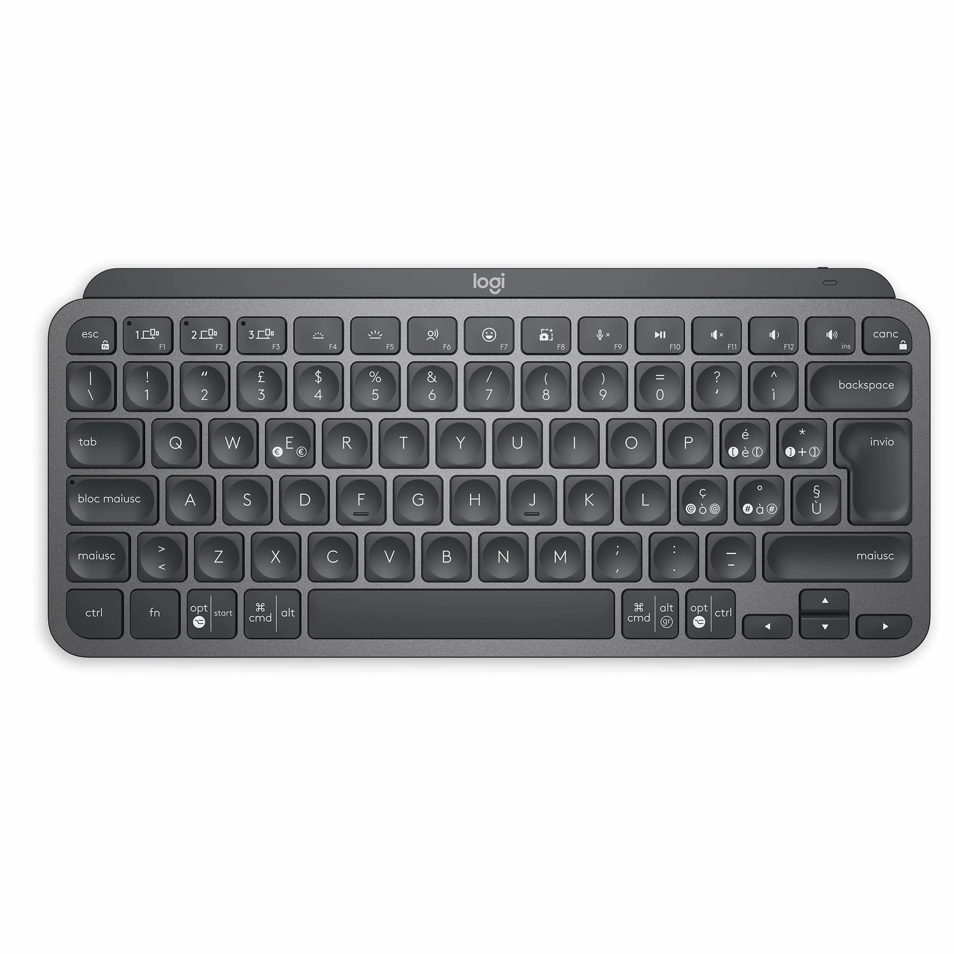 Logitech MX Keys Mini Tastiera Illuminata Wireless, Minimal, Compatta, Bluetooth, Retroilluminata, USB-C, Compatibile con Apple macOS, iOS, Windows, Linux, Android, in Metallo, ITA QWERTY - Grafite