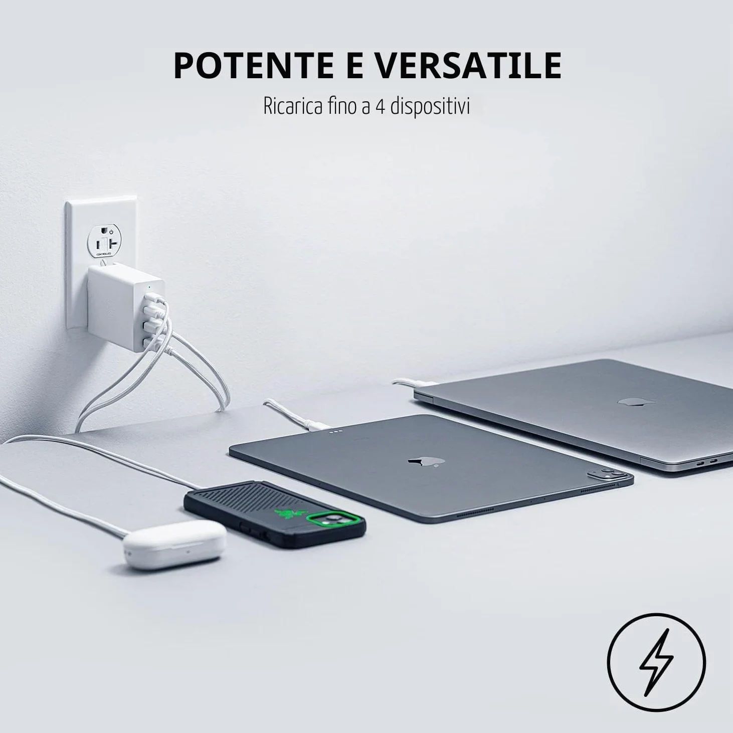 Razer Caricabatterie USB-C GaN - USB-C 130W GaN Charger, Caricatore rapido portatile (2X USB-C, 2X USB-A con porte USA, UE e UK) Bianco
