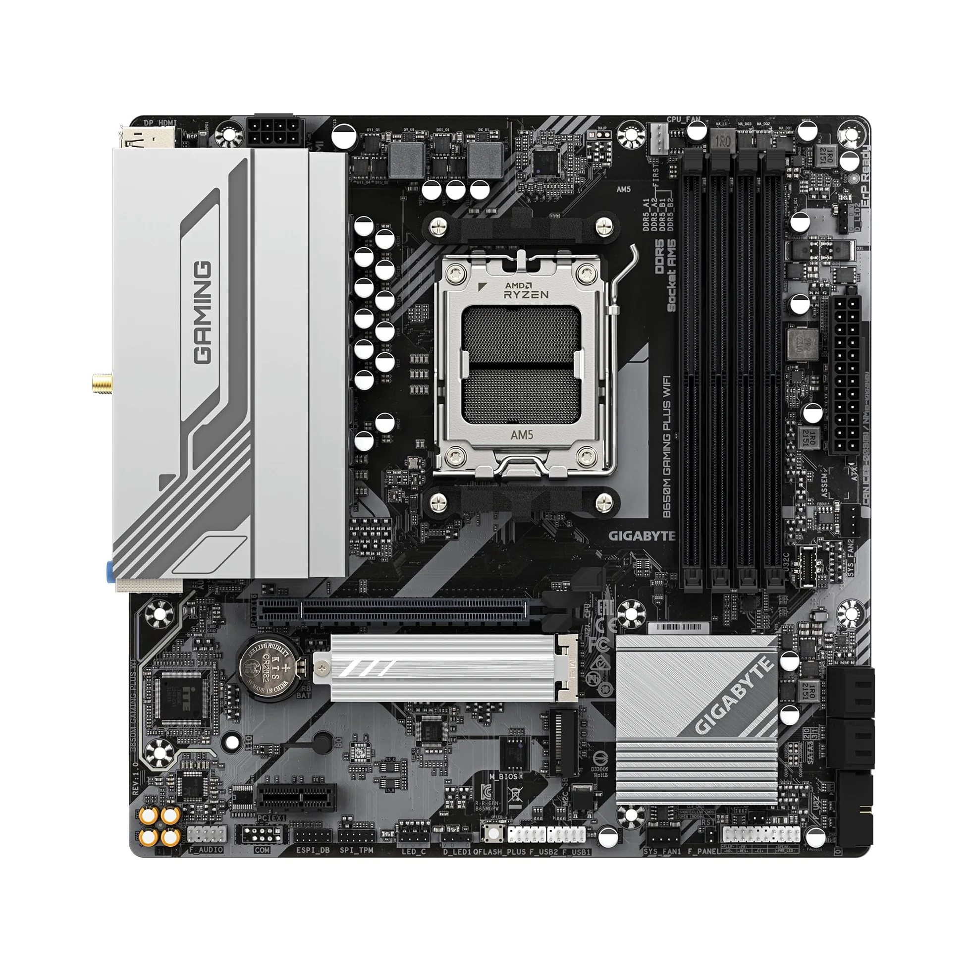 GIGABYTE Scheda madre B650M GAMING PLUS WIFI AMD AM5 mATX, supporta Ryzen serie 9000/8000/7000, DDR5, 5+2+2 Power Phase, 2x M.2, PCIe 4.0, USB-C 3.2 Gen 1, WIFI6E, 2.5GbE, EZ-Latch, Q-Flash, RGB