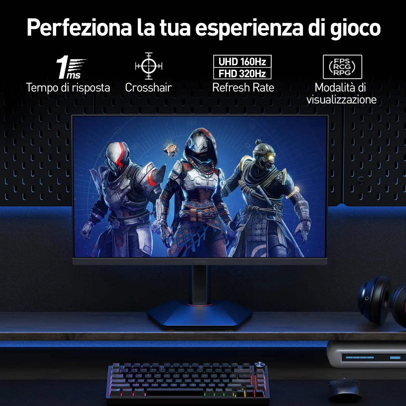 KOORUI G2741L Monitor Gaming 27 Pollici, 4K UHD, 160Hz/320Hz, HDR400, Fast IPS, 1ms, Adaptive Sync, regolabile, HDMI 2.1 * 2+DP 1.4, VESA 75x75mm