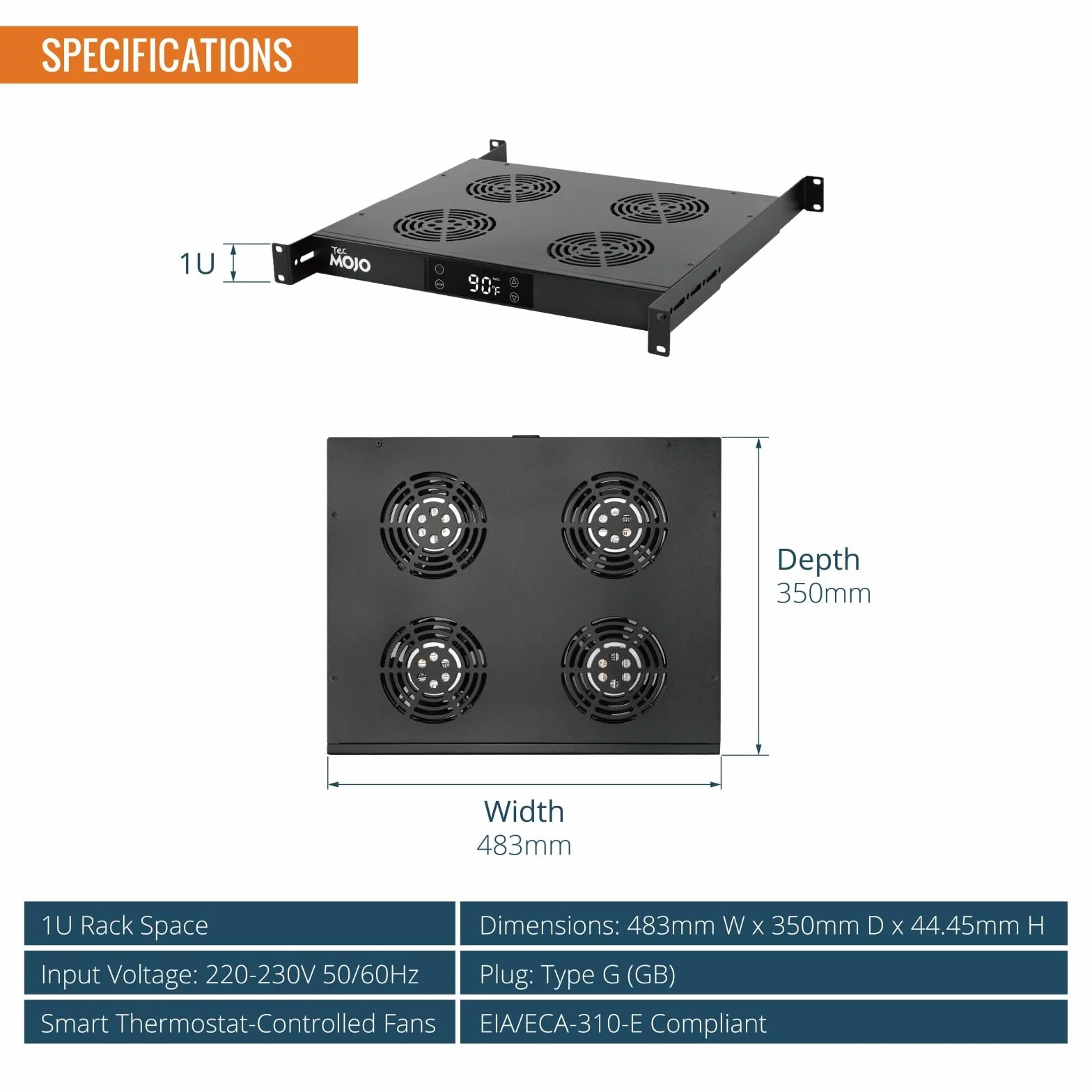 Tecmojo Modulo di Ventilazione da 1U per Rack da 19 Pollici con 4 Ventole, Supporto per Ventole con Guida Regolabile per Profondità da 350mm a 750mm, Nero
