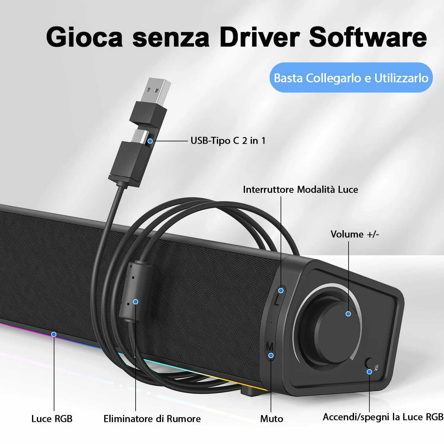 ZETIY Altoparlante PC, alimentato tramite USB, altoparlante da gioco, soundbar per PC, laptop, desktop, monitor