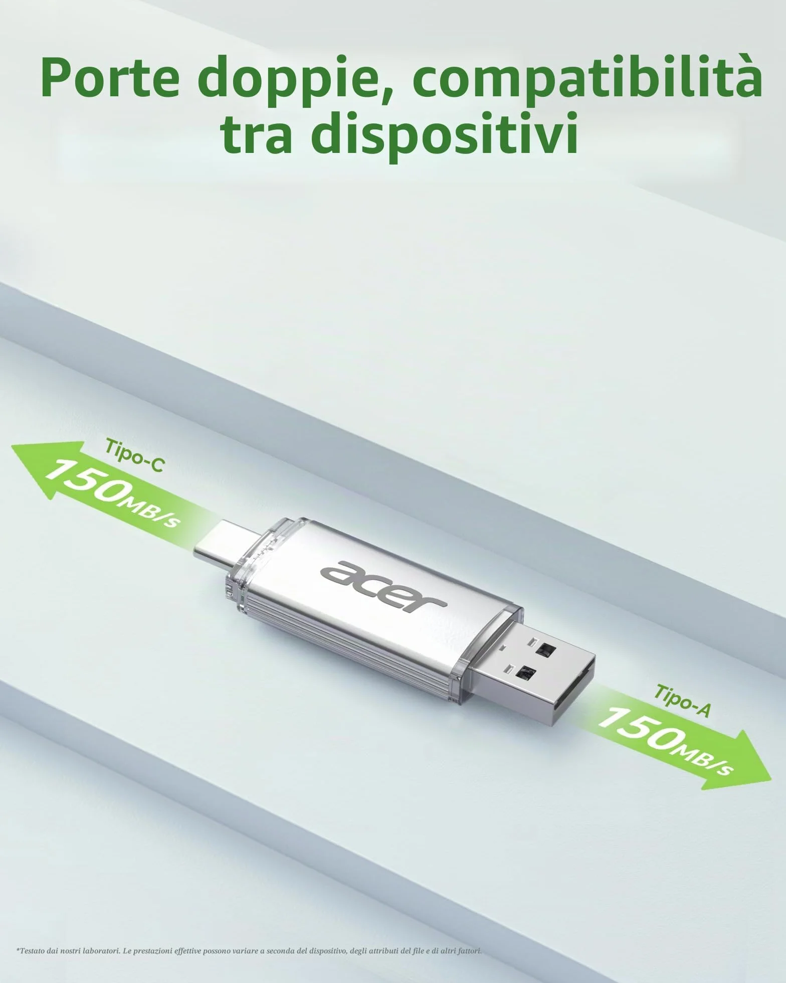 Acer Chiavetta USB UT300 256GB USB 3.2 Gen1 Fino a 150MB/s con Doppia Porta Tipo-A & Tipo-C Chiavetta USB per PC/Laptop/MacBook/Smartphone