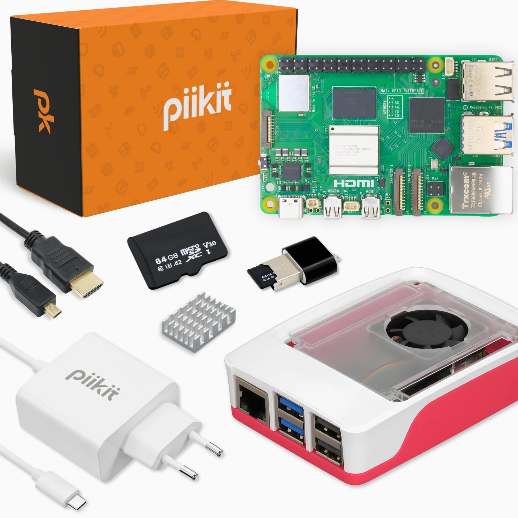 Starter Kit per Raspberry Pi 5 8 GB | Scheda MicroSD 64 GB | Alimentatore 27 W | Case con Ventola Integrata e Dissipatore di Calore | Cavo Micro-HDMI 4K 60 Hz