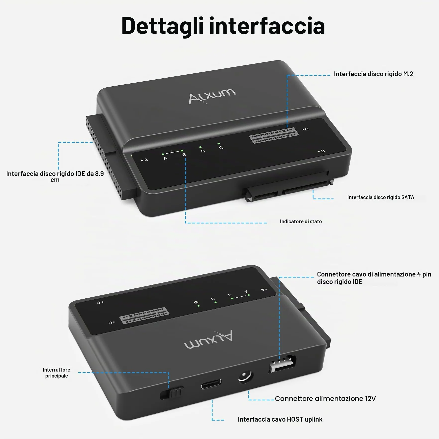 Alxum SSD Enclosure IDE M2 NVME e adattatore per HDD e SSD, adattatore da 10Gbps USB TypeC a M.2 e SATA3 e IDE per PCIe/Nvme e HDD/SSD