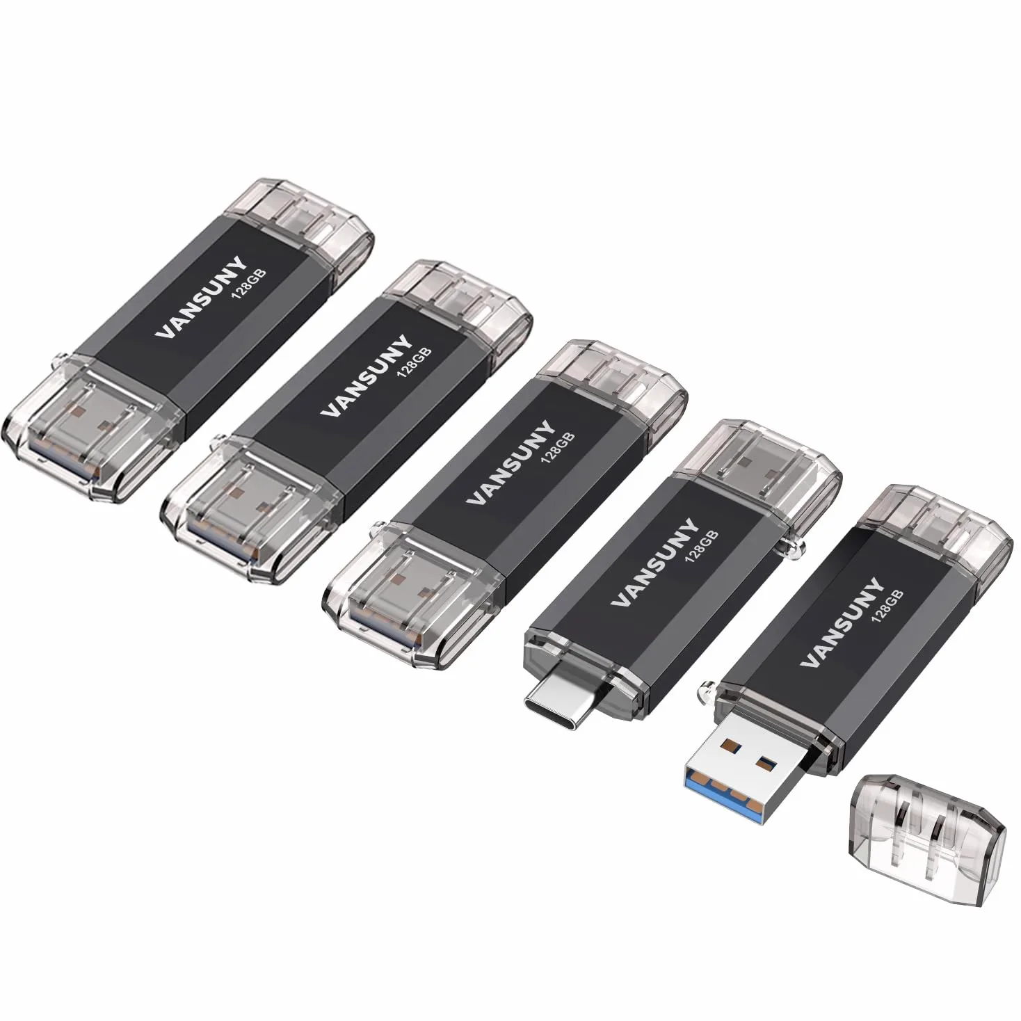 Vansuny Confezione da 5 chiavette USB C da 128 GB, 2 in 1, OTG USB 3.0+USB C, con portachiavi, chiavetta per foto, per smartphone Android, computer, MacBook, tablet, PC