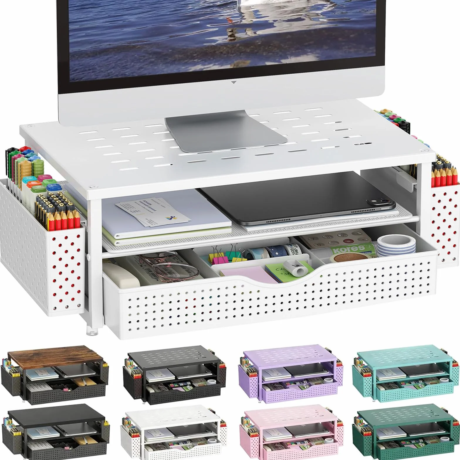 Gianotter Supporto per Monitor 2 Livelli con Cassetto e Portapenne, Organizer da Scrivania Bianco