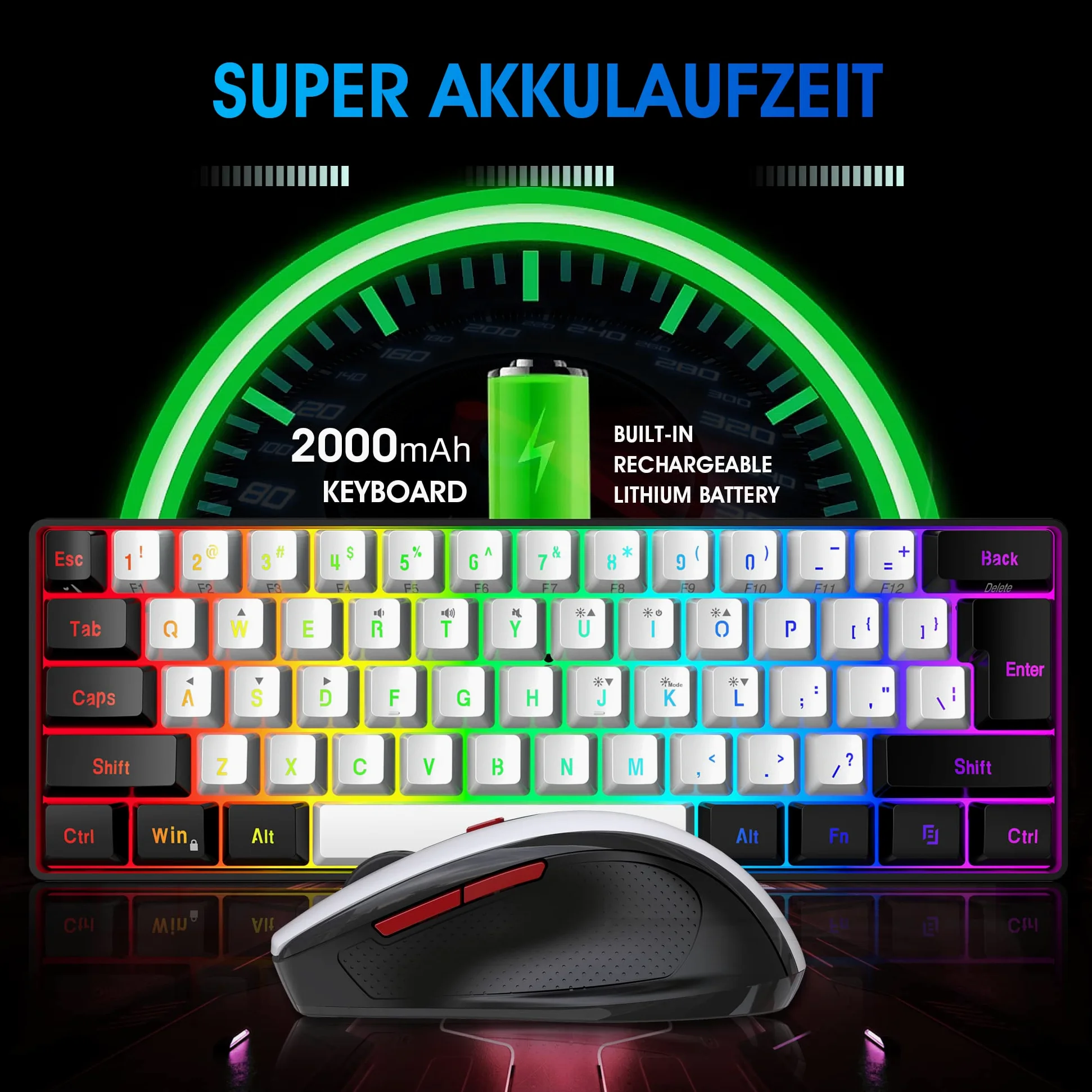 Snpurdiri 60% tastiera mouse senza fili, wireless Gaming Combo, include 2,4 G Small Mini 60% Merchanical Feel, design ergonomico Vertical Feel Mouse (Blackwhite)
