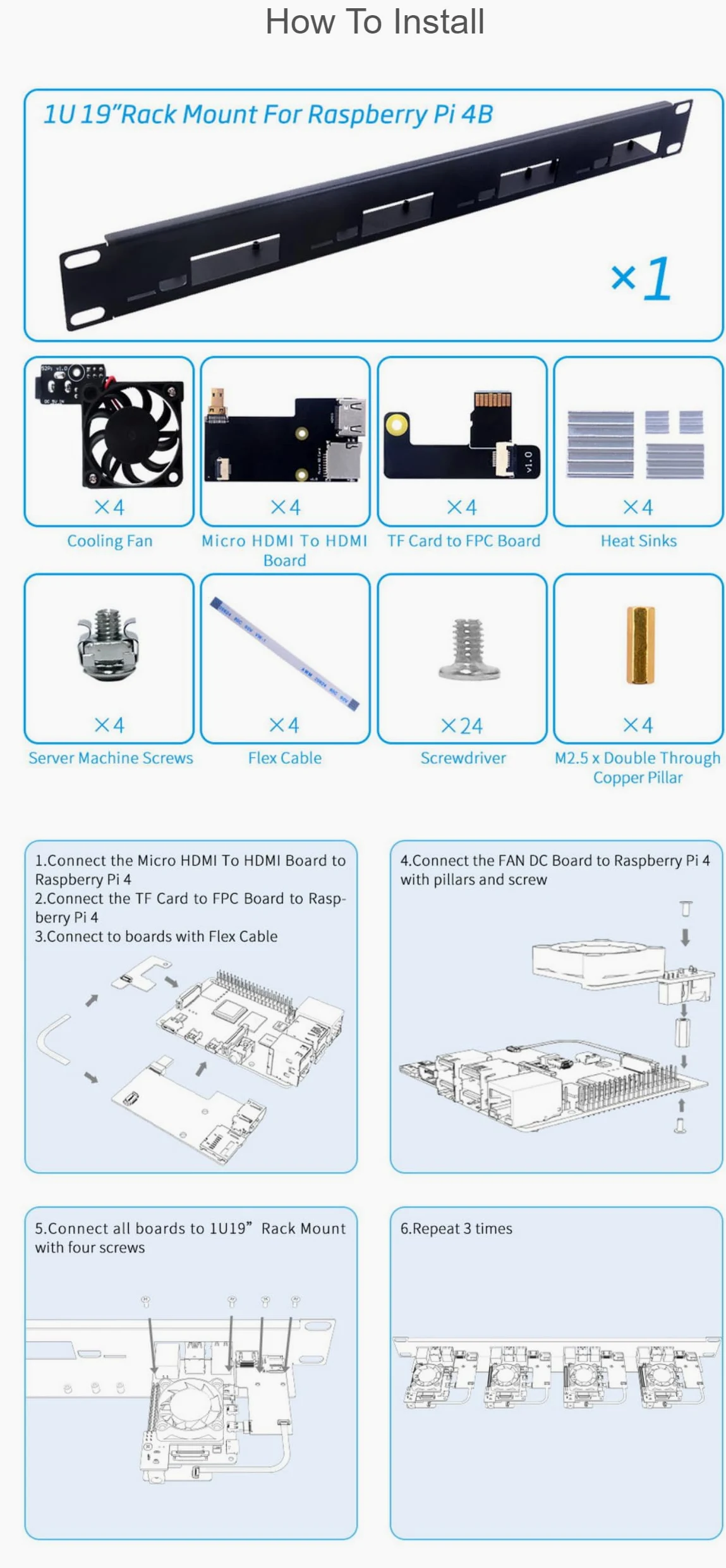Kit rack 1U compatibile con scheda Raspberry Pi 4B Montaggio a rack da 19 ″ Supporta fino a 4 unità Ottimizzazione dello spazio di lavoro