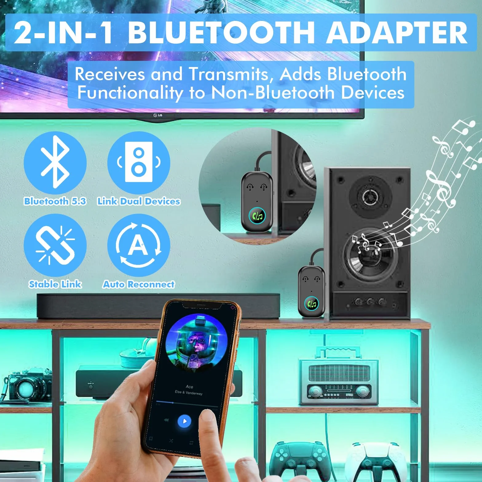 GIBOHOM Trasmettitore Bluetooth 5.3, Adattatore Bluetooth 2-in-1, Adattatore Cuffie Aereo Supporta 2 Auricolare, 3.5 mm AUX Jack Trasmettitore per TV, Telefono Mobile, Car Audio Systems, Palestra