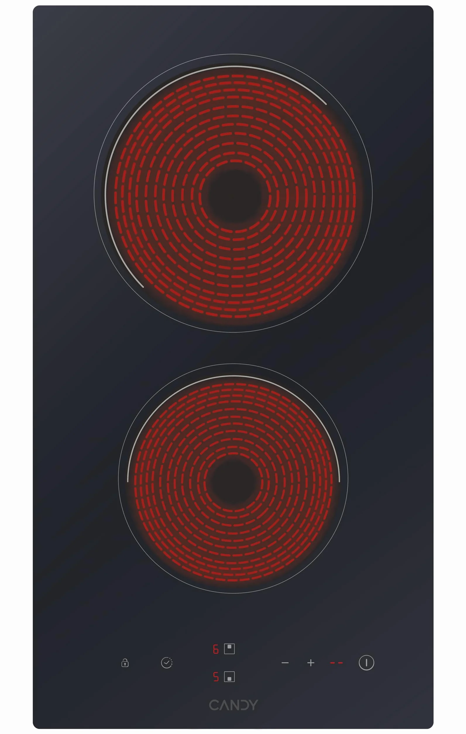 Candy Piano Cottura2 Fuochi in Vetroceramica, Pannello di Controllo Touch Centrale, Timer Programmabile, Blocco di Sicurezza e Indicatore Calore Residuo, 28,8 x 52 x 5,5 cm, Nero - CDH30