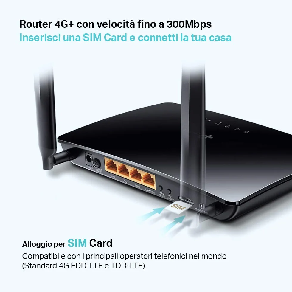 TP-Link Archer MR600 Router 4G+, Router WiFi con SIM, Cat6 fino a 300 Mbps WiFi AC1200Mbps, 2 Antenne Removibili, 3 Porte LAN e 1 LAN/WAN, OneMesh, Tecnologia MU-MIMO, Plug&Play, Soluzione Qualcomm
