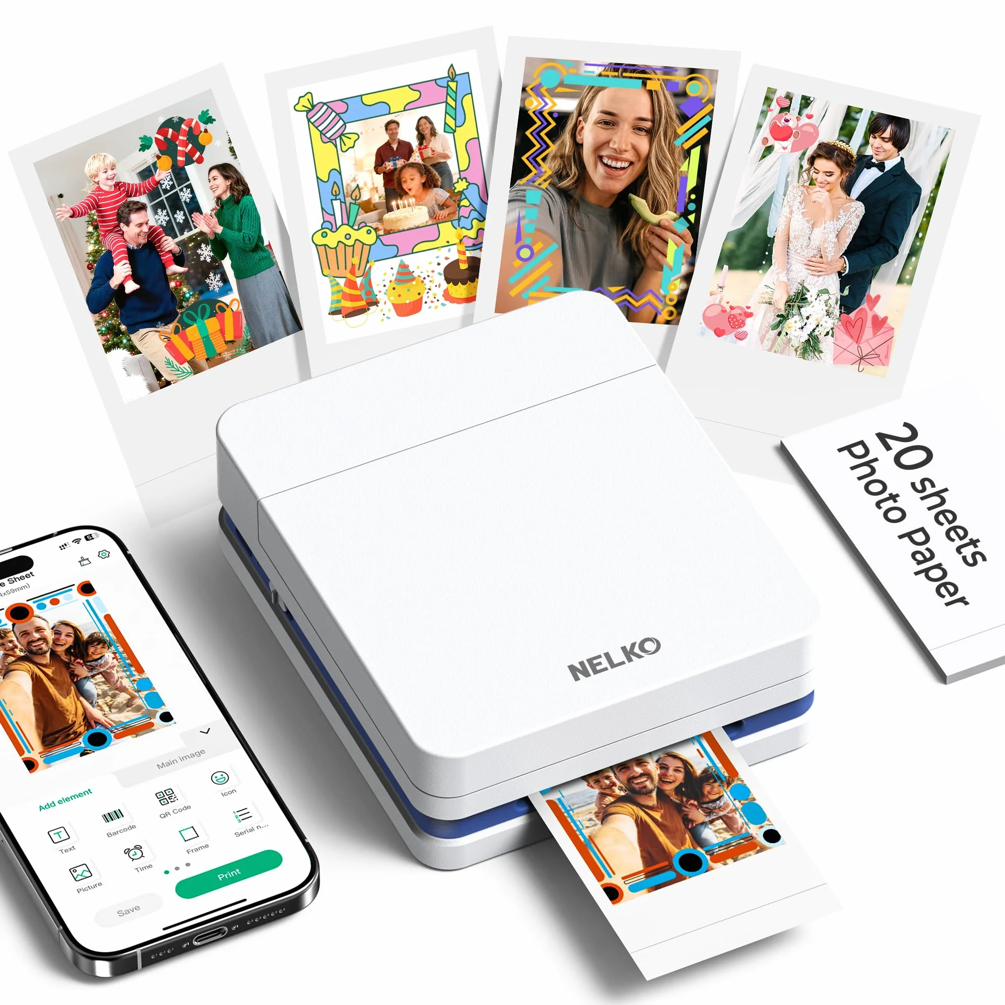 Nelko PP01 Stampante Fotografica Portatile, Mini Stampante a Colori per Stampa Foto dal Cellulare, Bianco