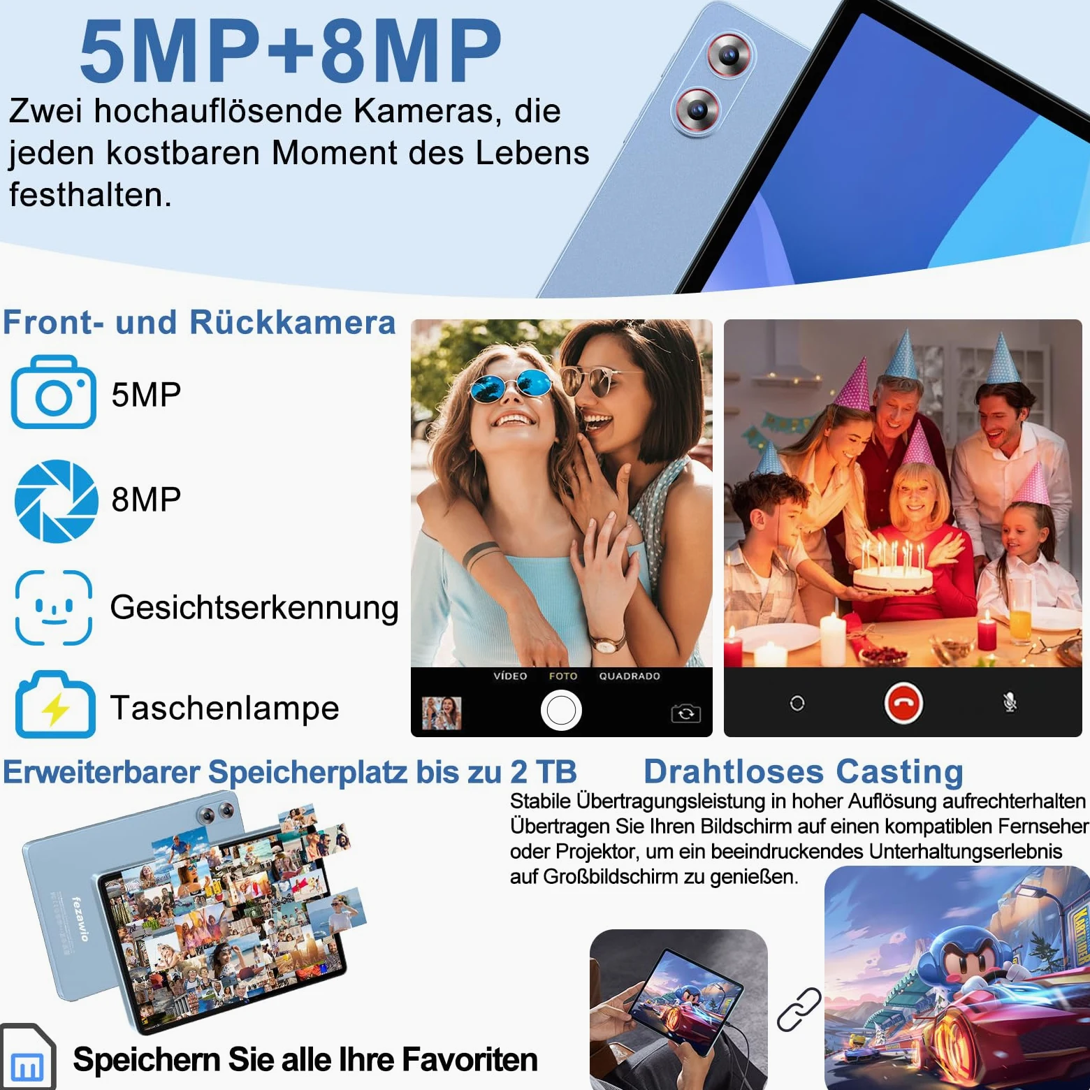 Tablet Android 15 Gemini AI 10,1 pollici,30GB RAM+128GB ROM,Widevine L1,blu | tablet con tastiera, mouse e custodia di protezione,Octa-Core, Wi-Fi 6, 8000mAh, jack audio 3,5 mm, GPS