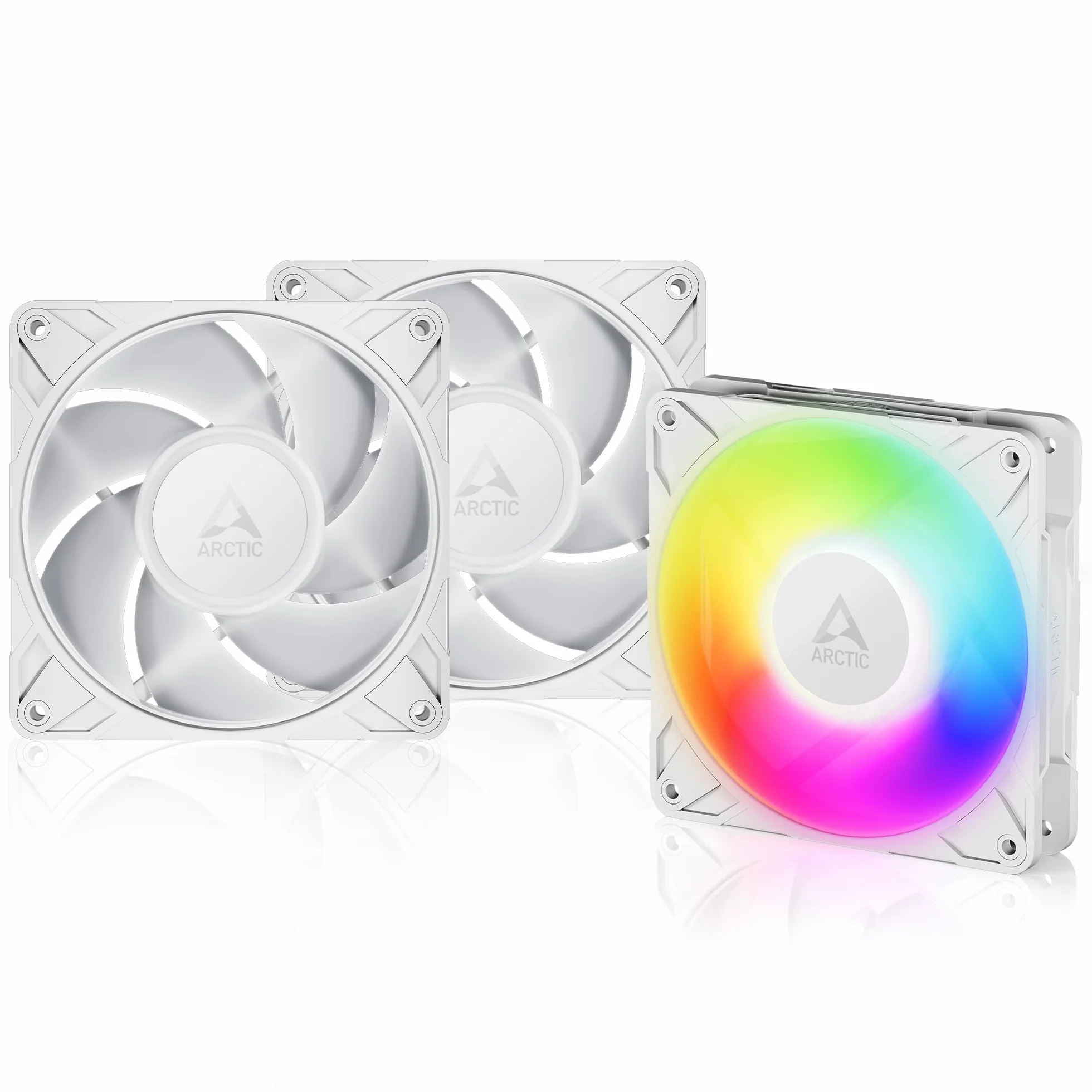 ARCTIC P12 Pro A-RGB (White) - 3 Pezzi - Ventola Potente Premium, Ventola PWM 120 mm con Sdoppiatore per Cavi Y, 600-3000 rpm, 0 rpm <5% PWM, RGB digitale 5V, Cuscinetto Idrodinamico, a 4 Pin