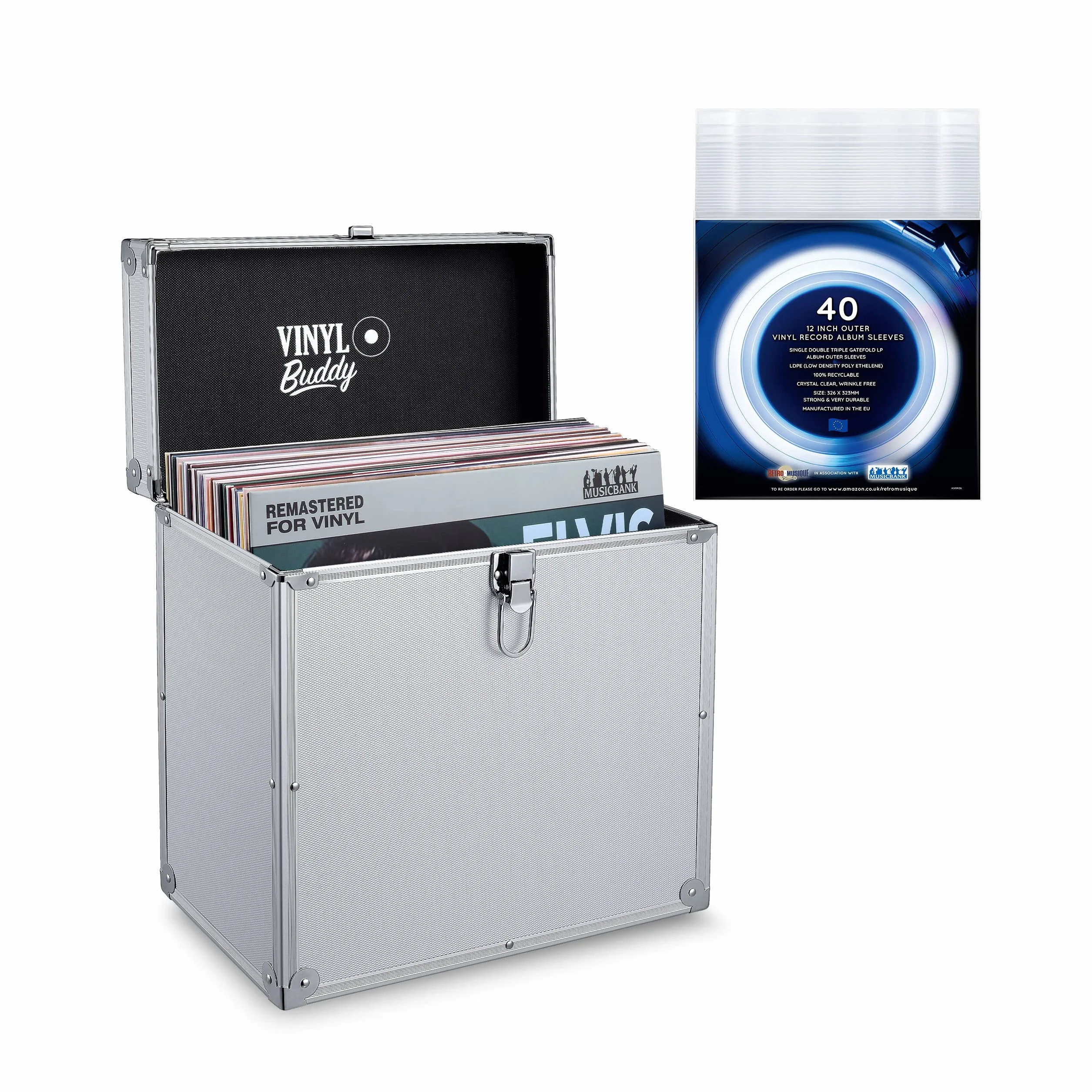 VINYL BUDDY 12'' Alluminium-Schallplattenkoffer, für bis zu 40 LPs, inklusive 40x 12-Zoll-Äußere Schallplattenhüllen', argento, 33 cm x 34 cm x 19 cm, Valigia