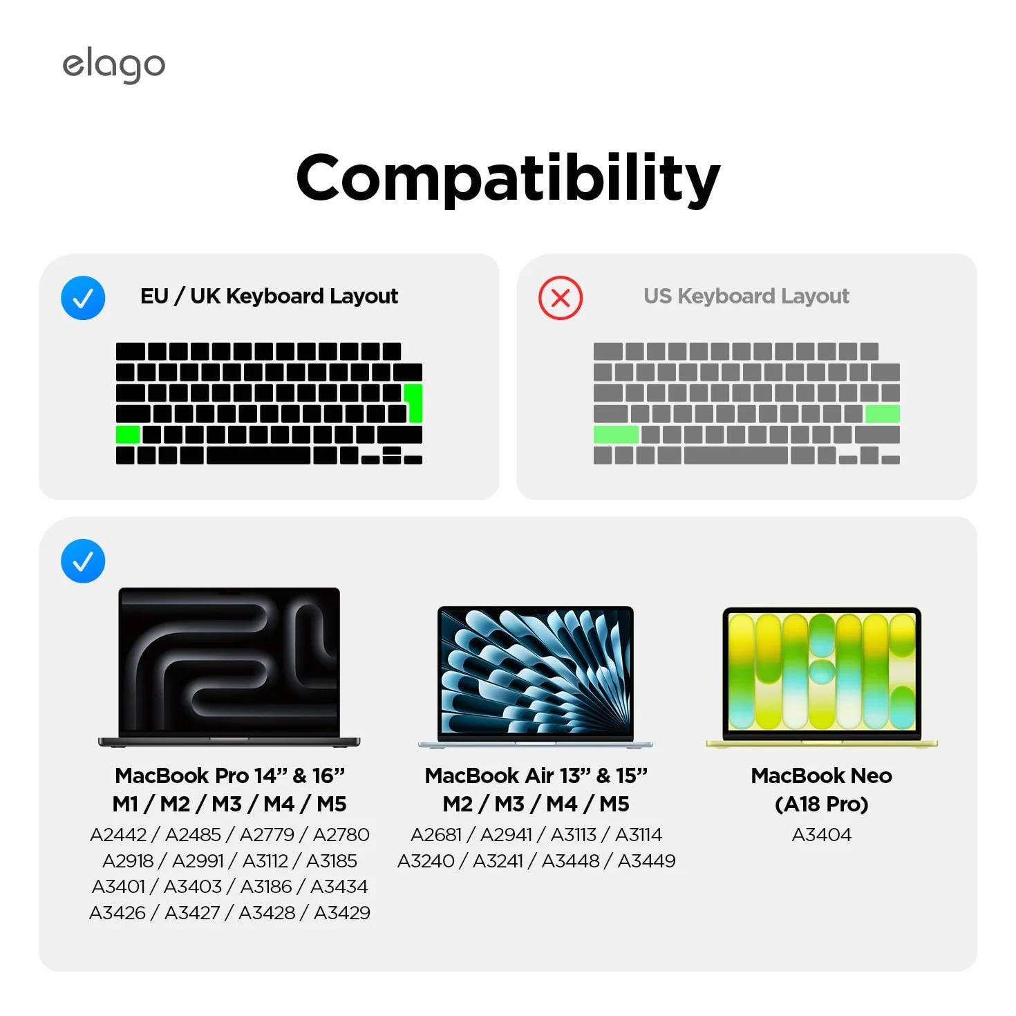 elago Cover Premium per Tastiera Ultra Sottile in TPU Compatibile con MacBook Pro (M5/M3/M2/M1) 14"&16", MacBook Air (M5/M2) 13"&15", MacBook Neo (A18 Pro) 13” con Touch ID (Layout UK/EU)