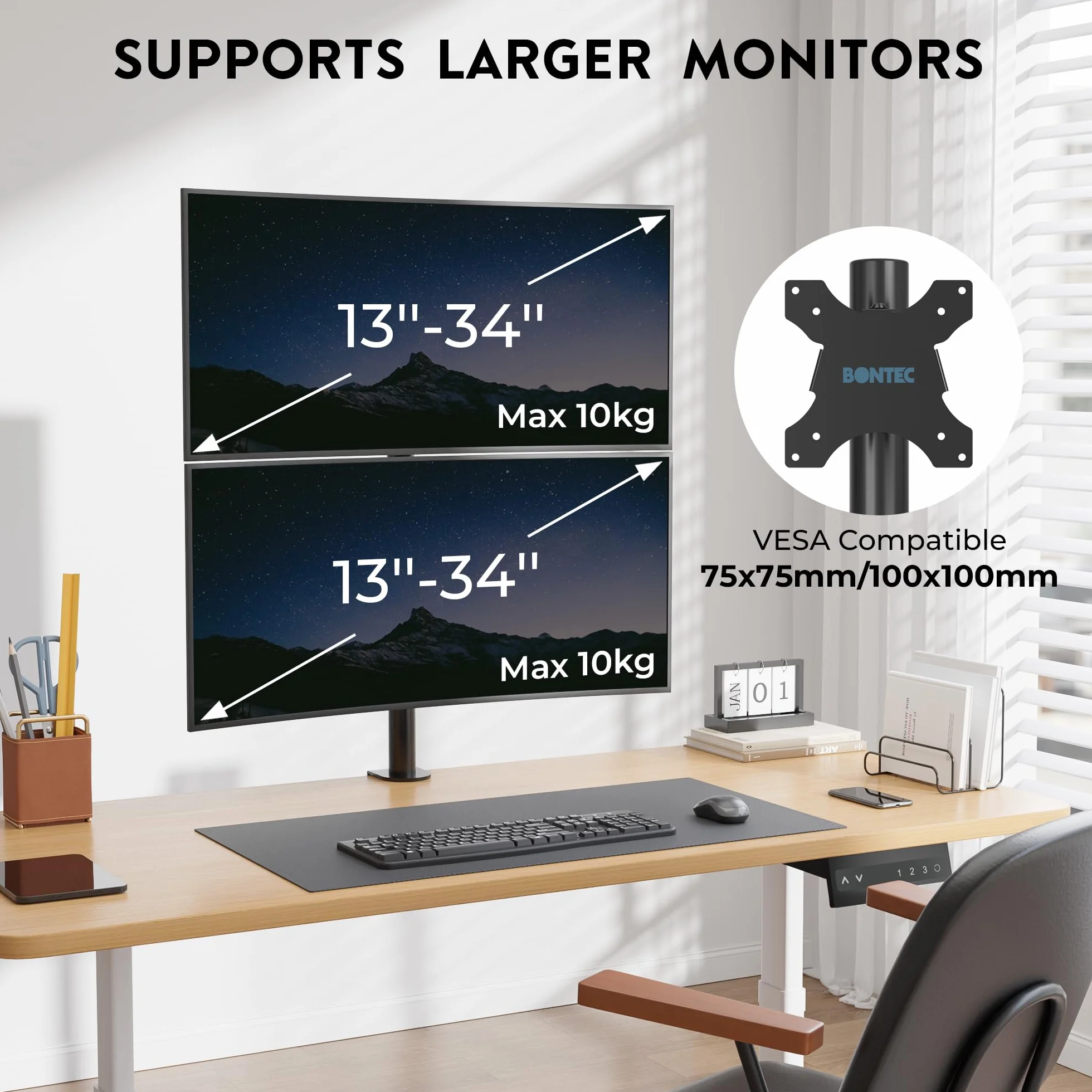 BONTEC Supporto Doppio Schermo Verticale, Braccio Doppio 13-34 Pollici Fino a 10 kg, Regolabile, Gestione Cavi, Supporto da Scrivania Robusto, Compatibile VESA 75x75 e 100x100, Supporto PC Ergonomico