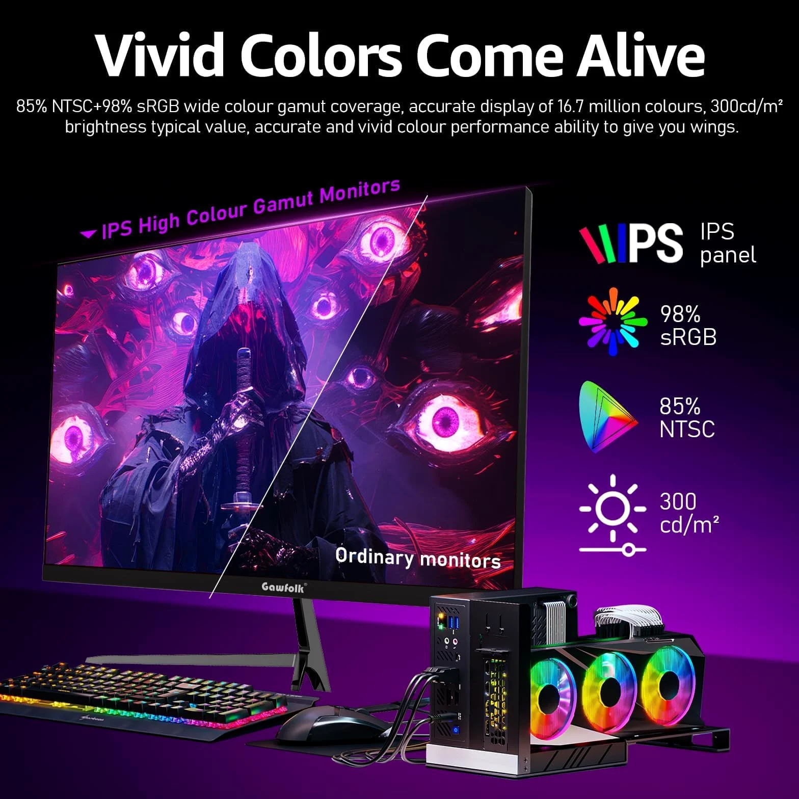 Gawfolk Monitor Gaming 27" QHD 2K | 120Hz 1ms per Esperienza Immersiva | AMD FreeSync | Design Senza Bordi | HDMI/DP e Montaggio a Parete