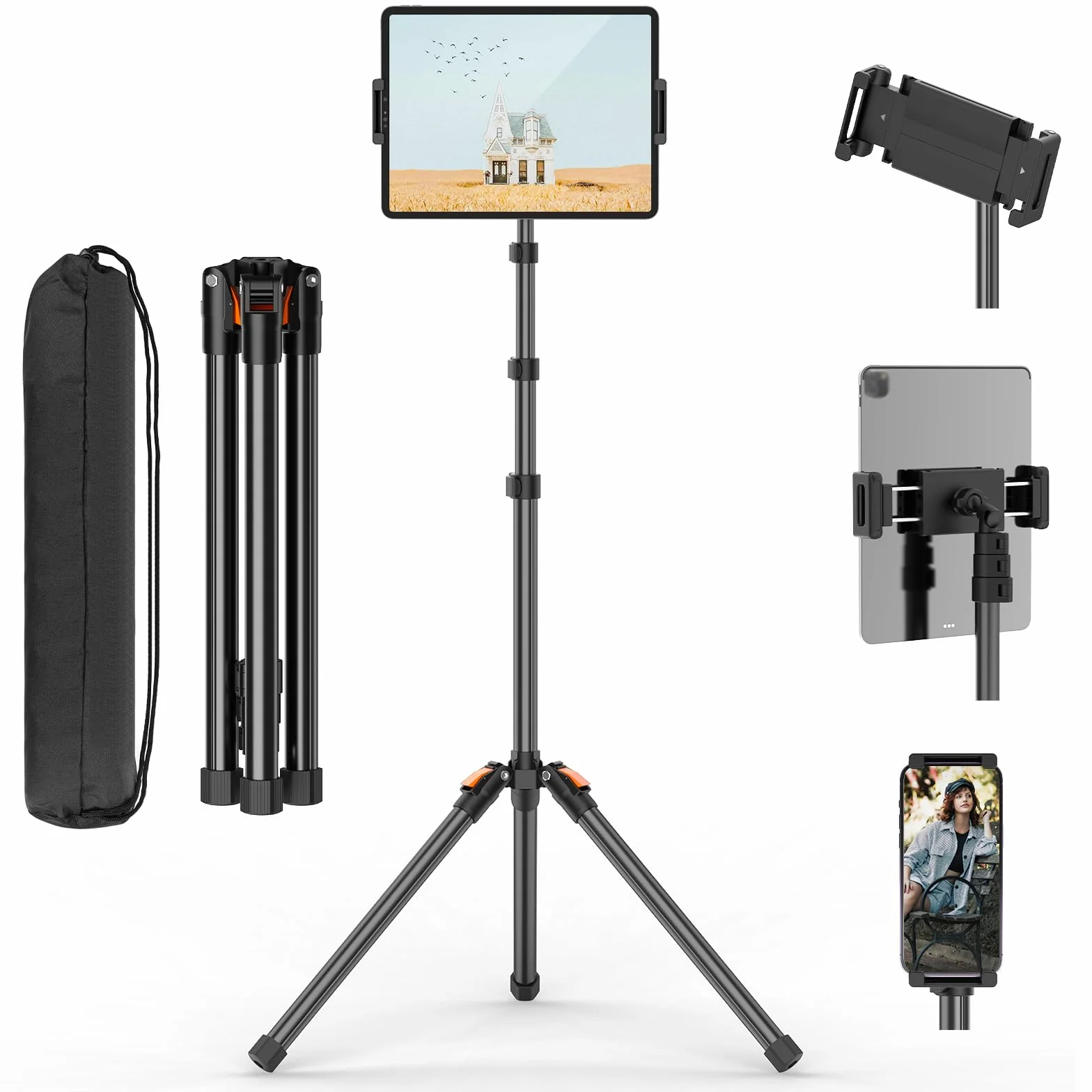 Supporto per Tablet e Cellulari da Pavimento 182cm, Treppiede Girevole 360°, Altezza Regolabile Pieghevole Inverso