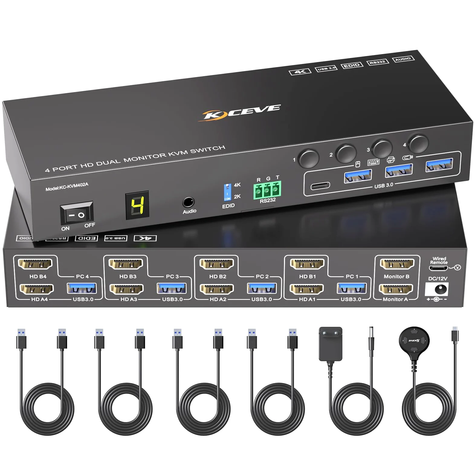 4 Port HDMI KVM Switch 4 PC 2 Monitor 4K@60Hz Simulazione EDID, Switch KVM Dual monitor con 4 Porte USB 3.0 per Periferiche USB, Audio, RS232, con Telecomando Cablato, Alimentatore 12V e 4 Cavi USB