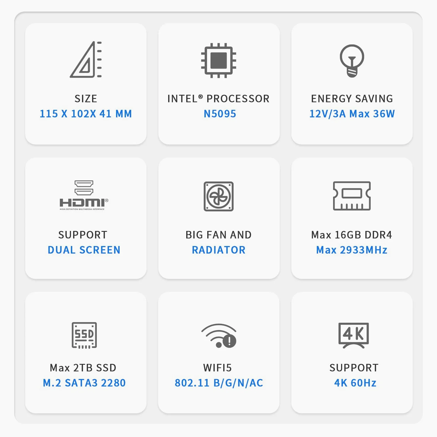 Beelink MINI S - Mini PC a basso consumo energetico, Windows 11 Pro, Intel Celeron N5095, UHD 4K, RAM 8 GB DDR4, SSD 128 GB, Wi-Fi 5 AC, Gigabit Ethernet, Bluetooth, 2x HDMI, VESA, GARANZIA ITALIANA