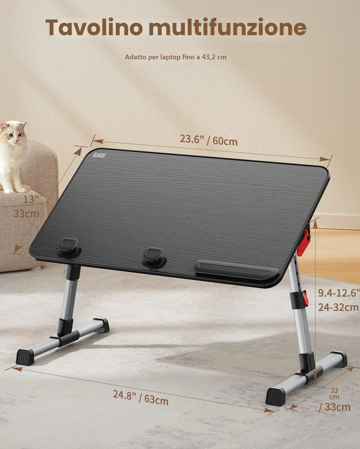 Tavolo, SAIJI Tavolino da letto, Regolabile in altezza, con 4 angolazioni regolabili, lapdesk pieghevole, per divano divano pavimento lavoro studio lettura scrittura mangiare (60 * 33 cm nero)