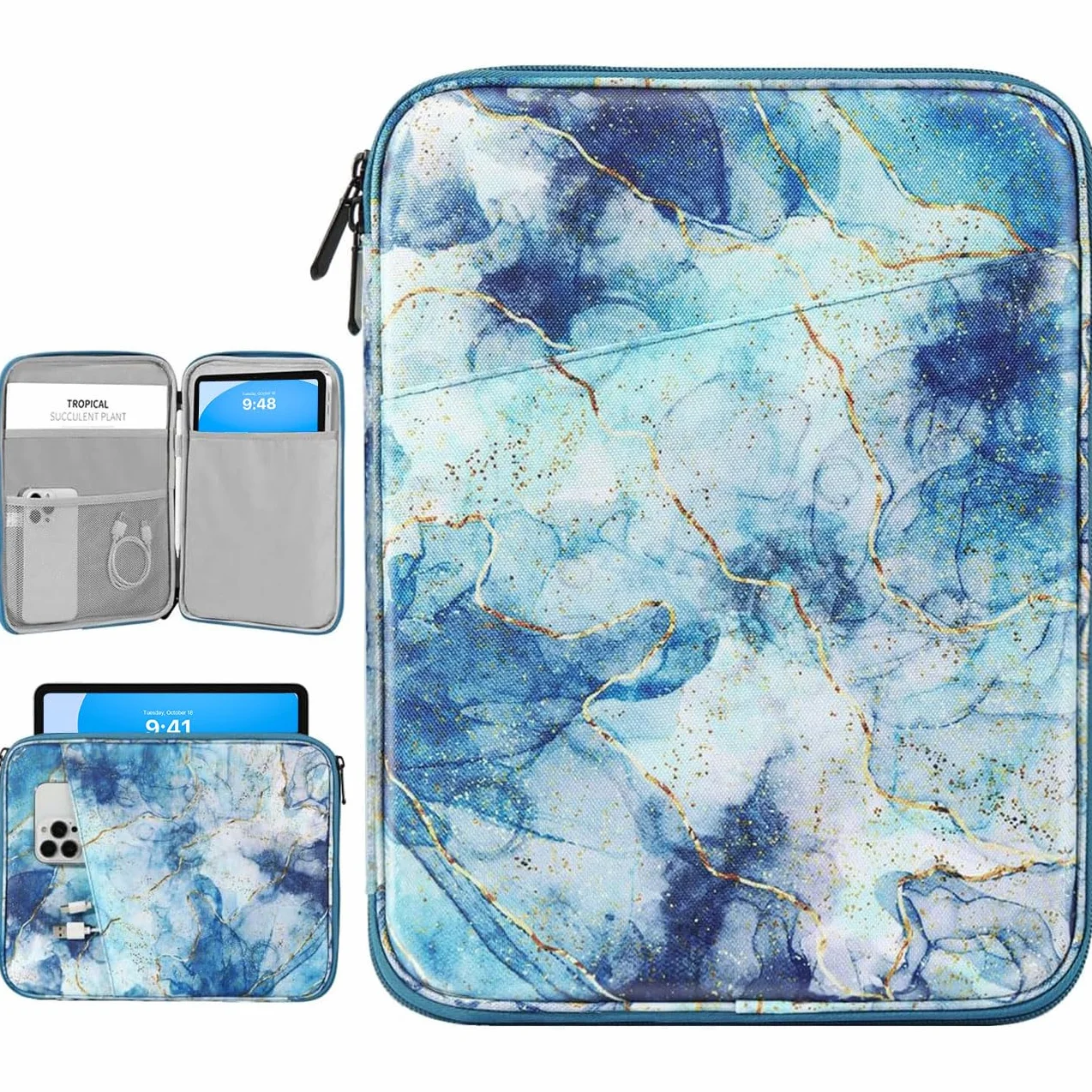 Dadanism 9-11" Custodia Protettiva Borsa Tablet Per iPad (A16) 11", iPad Air 11" M4/M3, iPad Pro 11" M5/M4, iPad 10a Gen/Air 5 10,9", iPad 9/8/7a Gen 10,2", Galaxy Tab A11+ 11", Tab M11 11",Marmo Blu