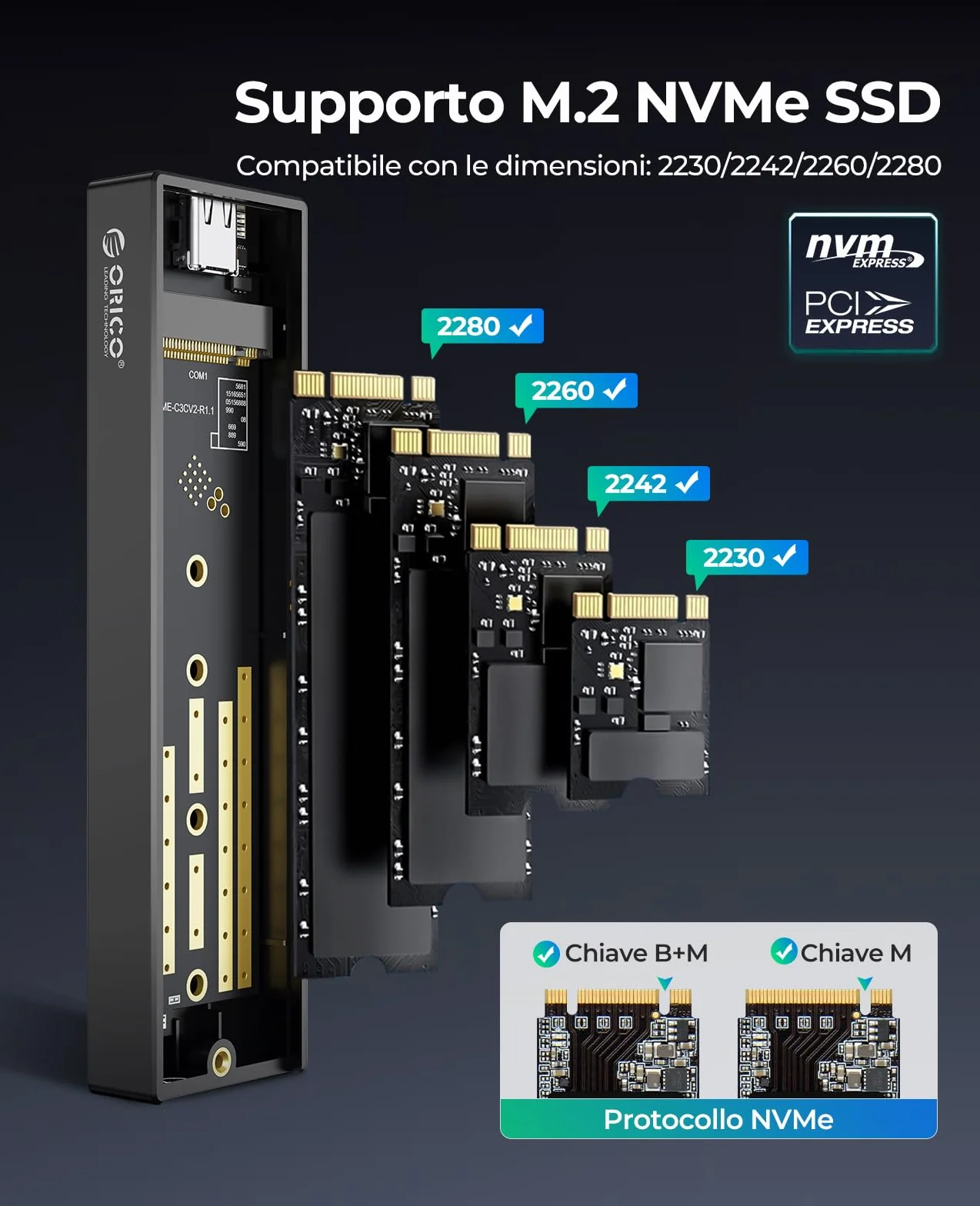 ORICO Case SSD M.2 NVMe Adattatore USB C USB 3.1 Gen2 10Gbps SSD Esterno per Custodia Disco Rigido a PCIe M-Key M2 per 2230/2242/2260/2280 NVMe SSD con UASP, SMART- M2PV2