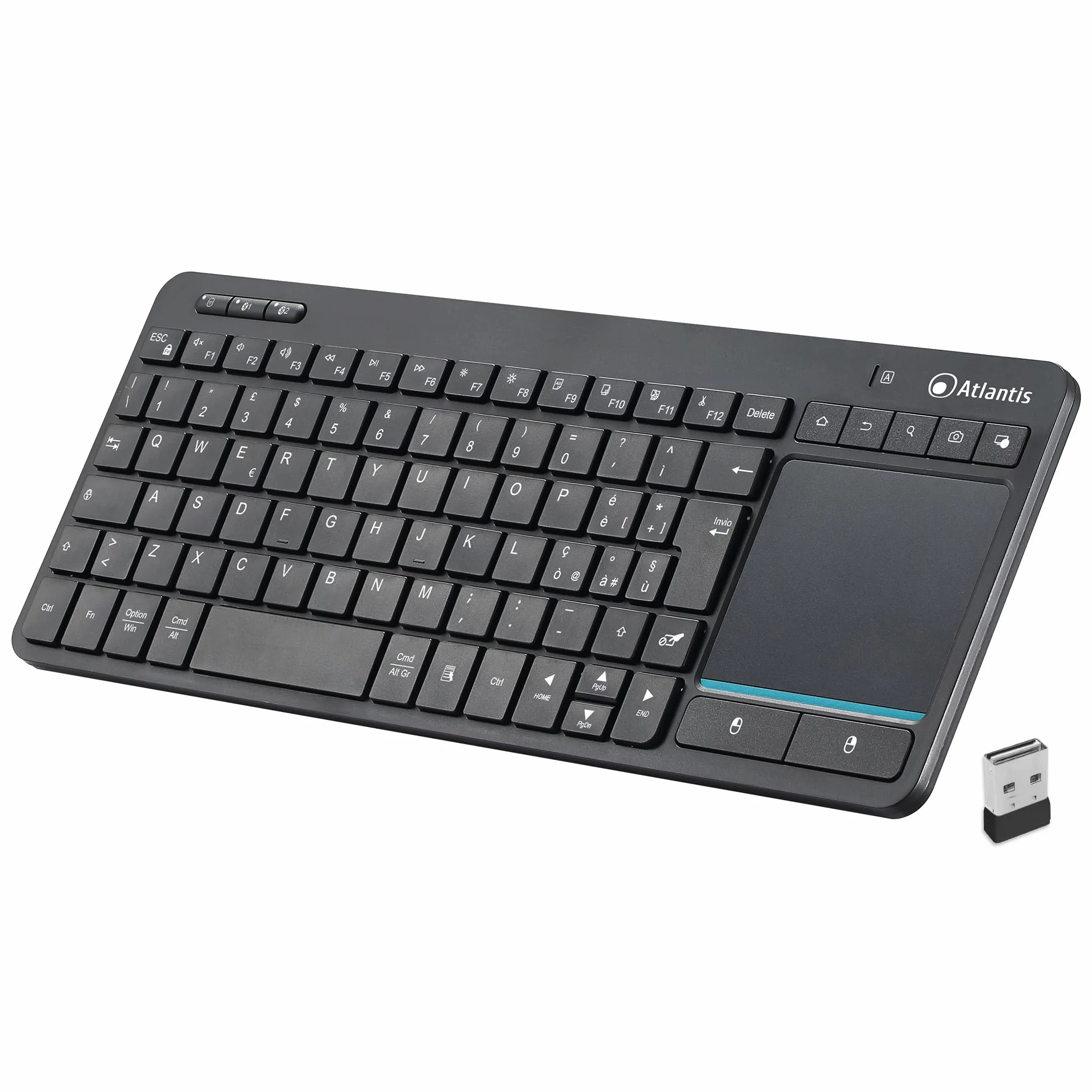 Atlantis Mini Tastiera con TouchPad multitouch integrato - Wireless senza fili RF + Bluetooth, QWERTY, Tasti funzione multimediali, per PC/Notebook/Smart TV/Smartphone/Tablet/iOS/Android - Nero