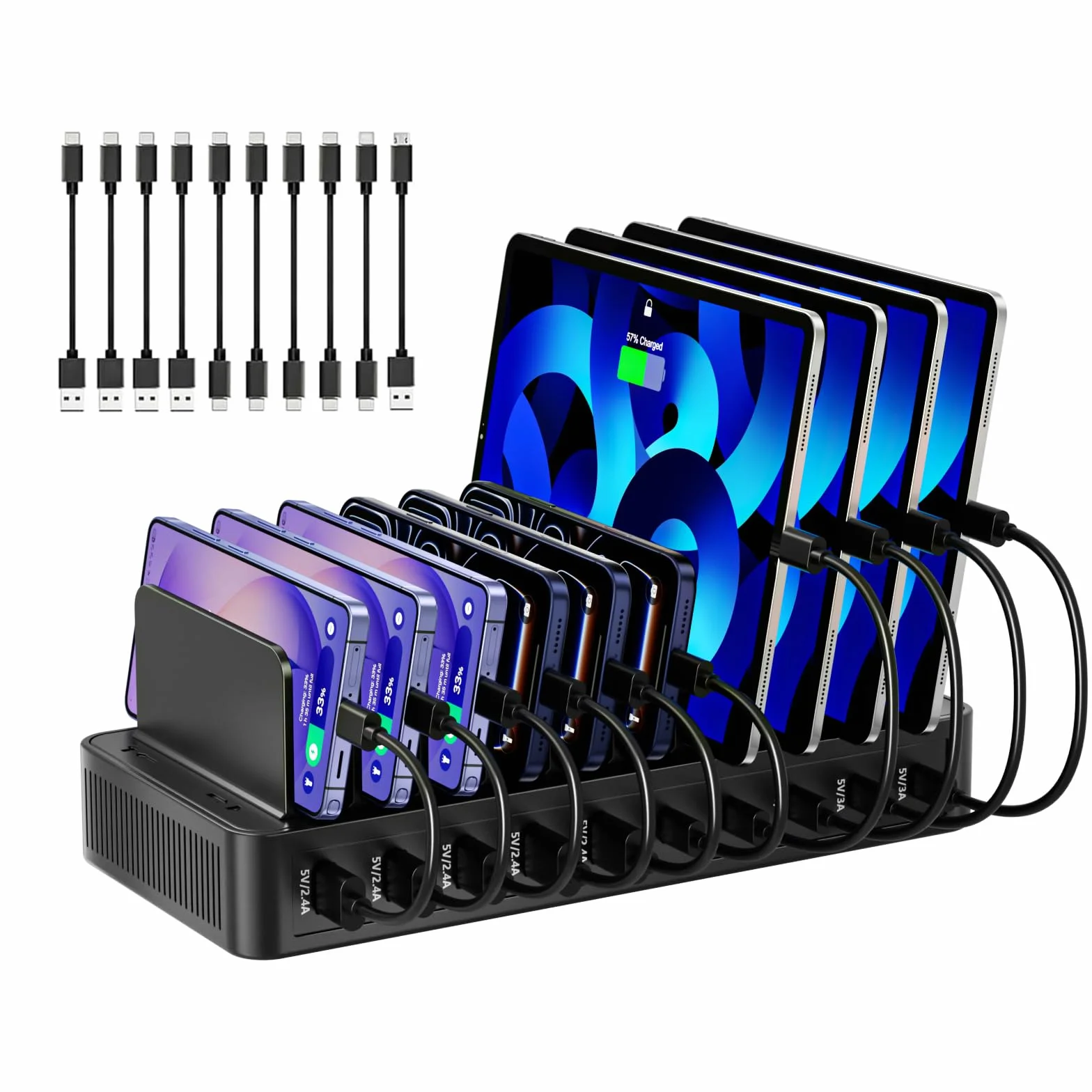Stazione di ricarica USB-C da 100 W con 10 porte, caricatore per dispositivi multipiattaforma, splitter regolabile rimovibile, 5 USB-A + 5 USB-C, compatibile iPhone/Samsung/Google/Tablet