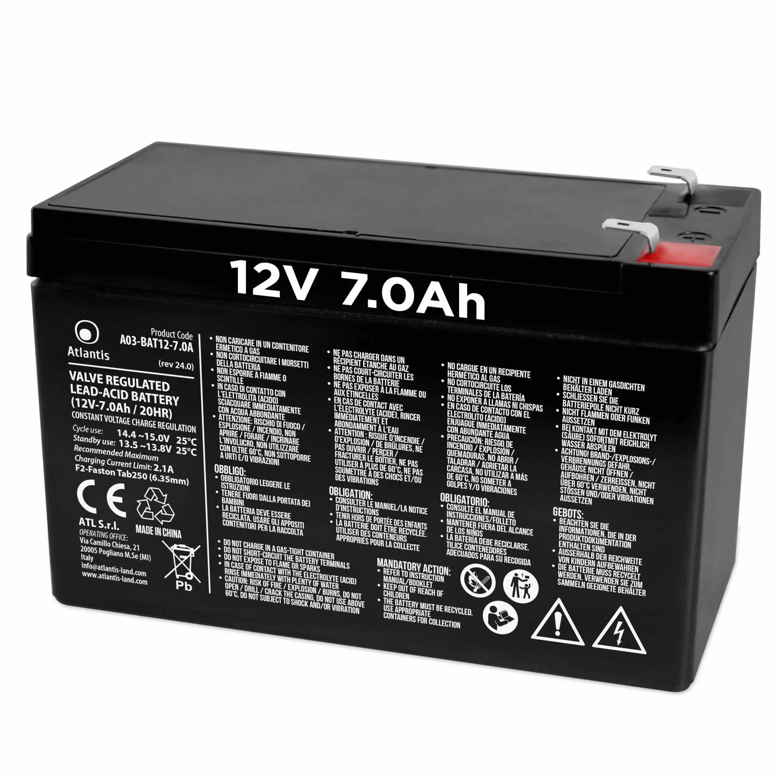 Atlantis batteria piombo ermetica VRLA 12v 7ah attacco faston F2 6,3mm per UPS