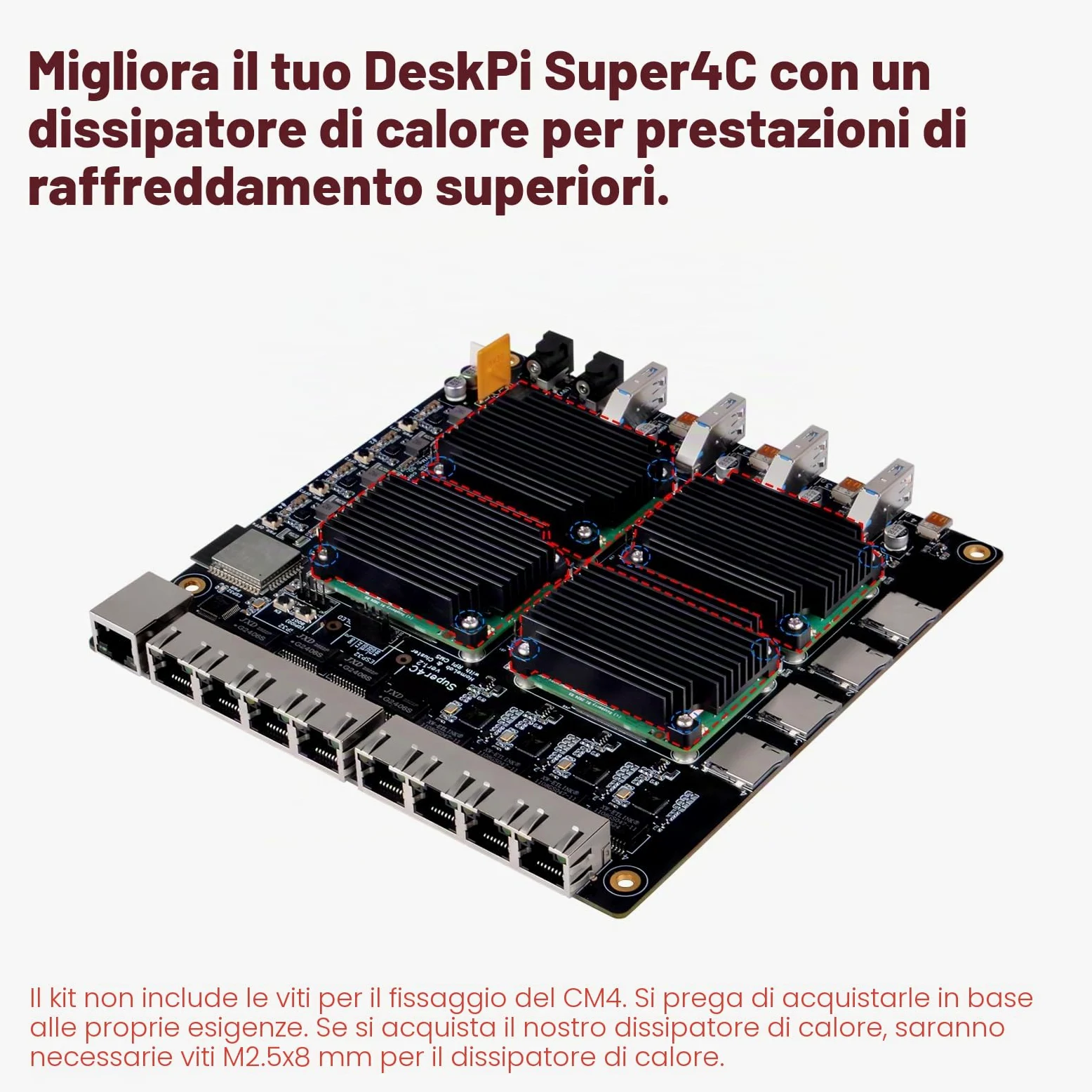 DeskPi Super4C per Raspberry Pi Compute Module 5, Cluster Mini-ITX Board Supporta 4 CM5, 2,5 GbE + rete 1 GbE, M.2 NVMe, montaggio a rack 1U, alimentatore da 89 W incluso
