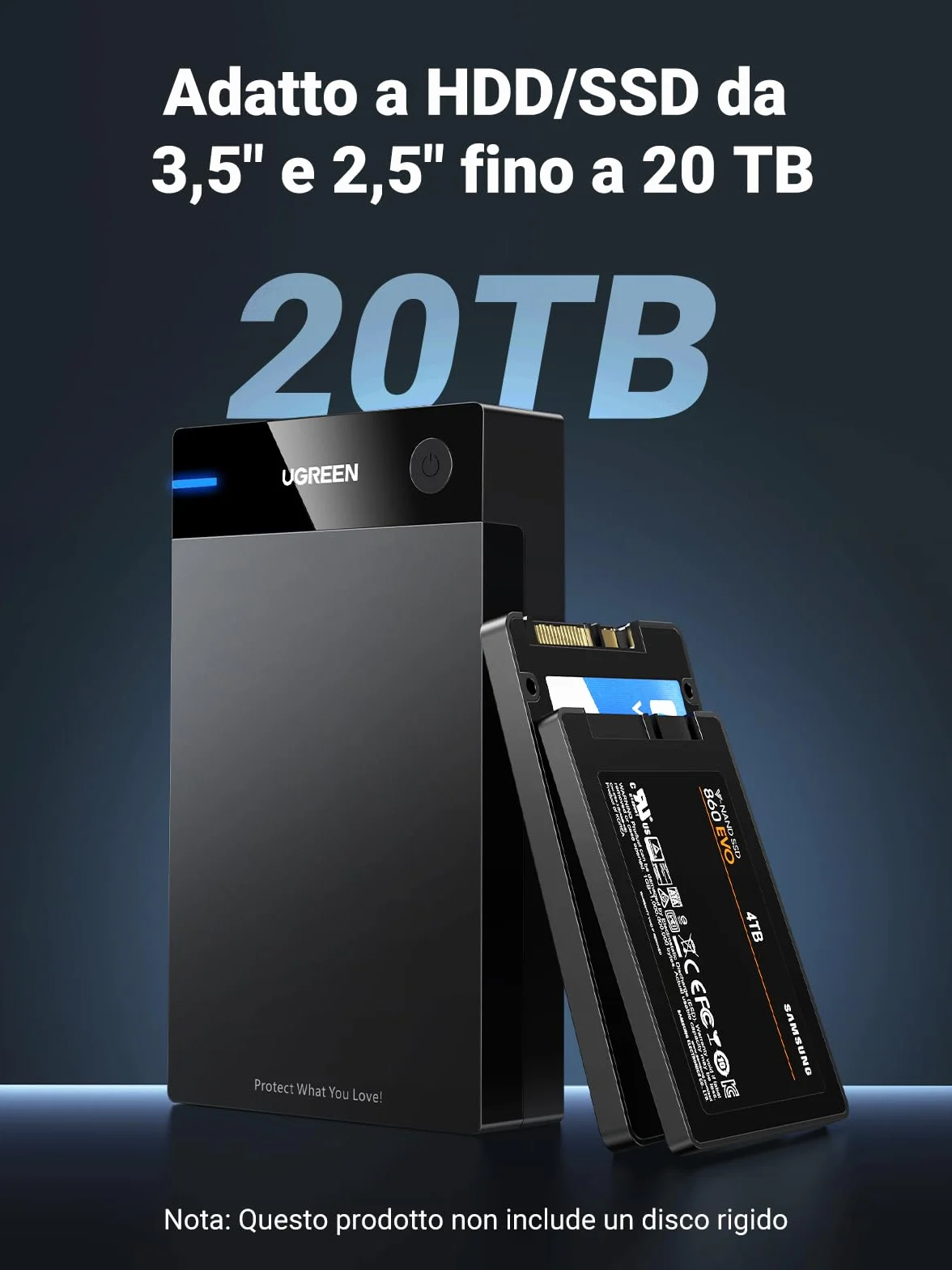 UGREEN Case Esterno Hard Disk 3.5" 20TB, Enclosure Estgerno USB 3.0 con UASP 5Gbps per HDD SSD SATA I II III con Alimentatore Compatibile with WD Toshiba Seagate