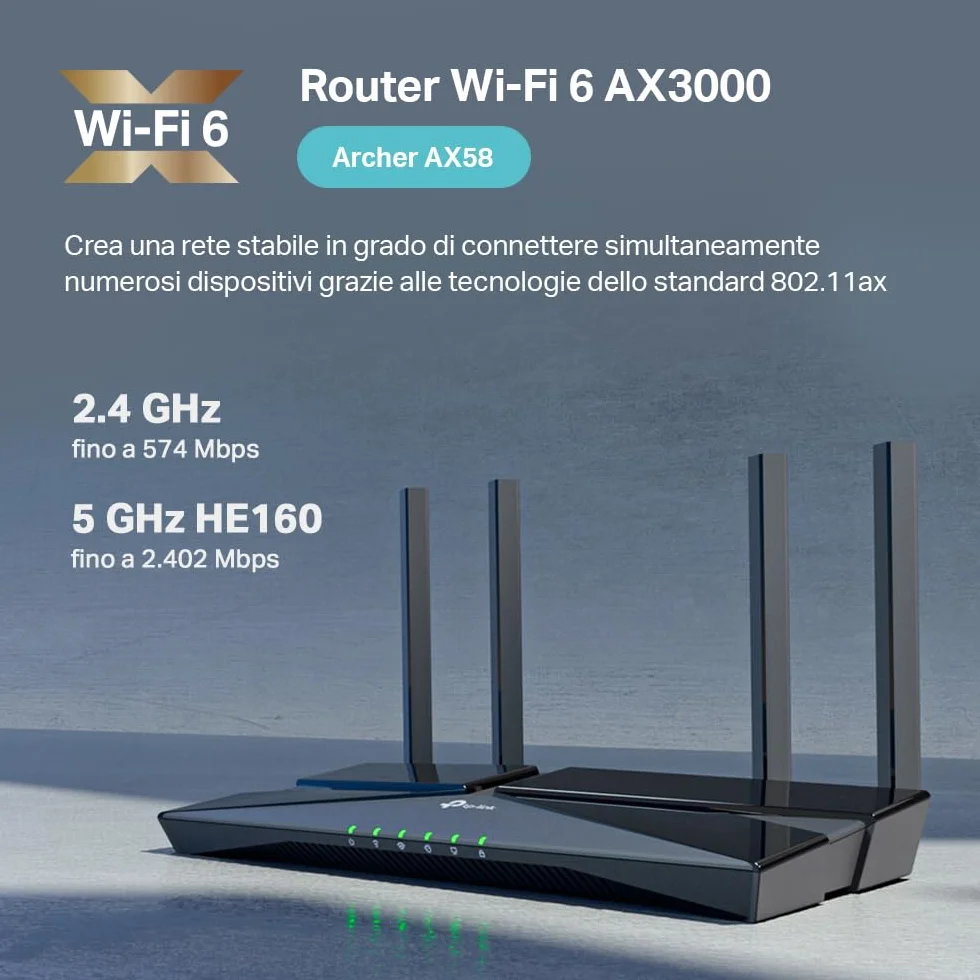 TP-Link Archer AX58 AX3000Mbps Router WiFi 6 Dual-Band, 4 Porta Gigabit, 2402Mbps su 5 GHz e 574Mbps su 2,4 GHz, 4 Antenne Ad Alto Guadagno, Parental Control, Rete Ospiti, QoS, EasyMesh, WPA3, Alexa